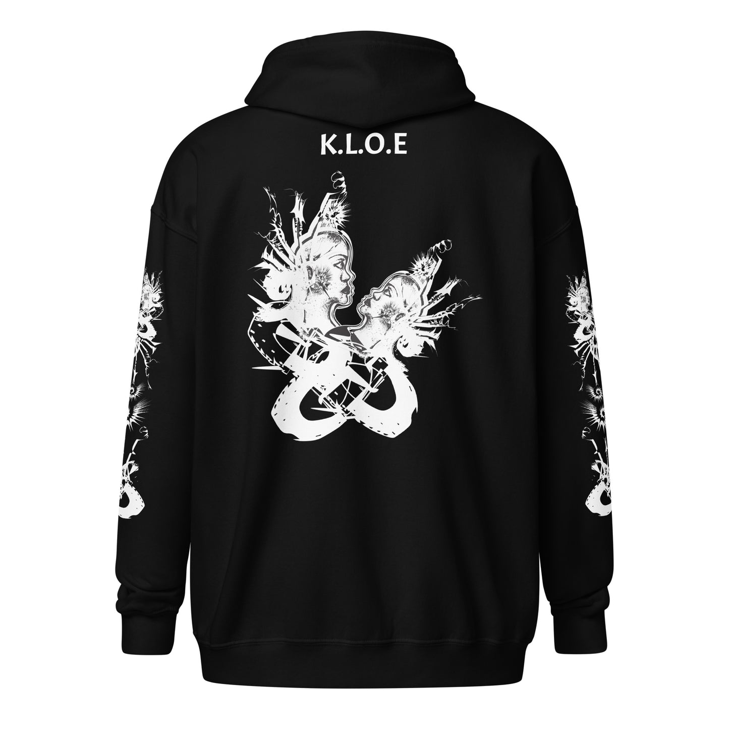 Back view of black unisex K.L.O.E. zip hoodie with white abstract hand-drawn illustration of two faces intertwined with organic shapes and cultural symbolism—expressing metamorphosis, identity, and artistic freedom.