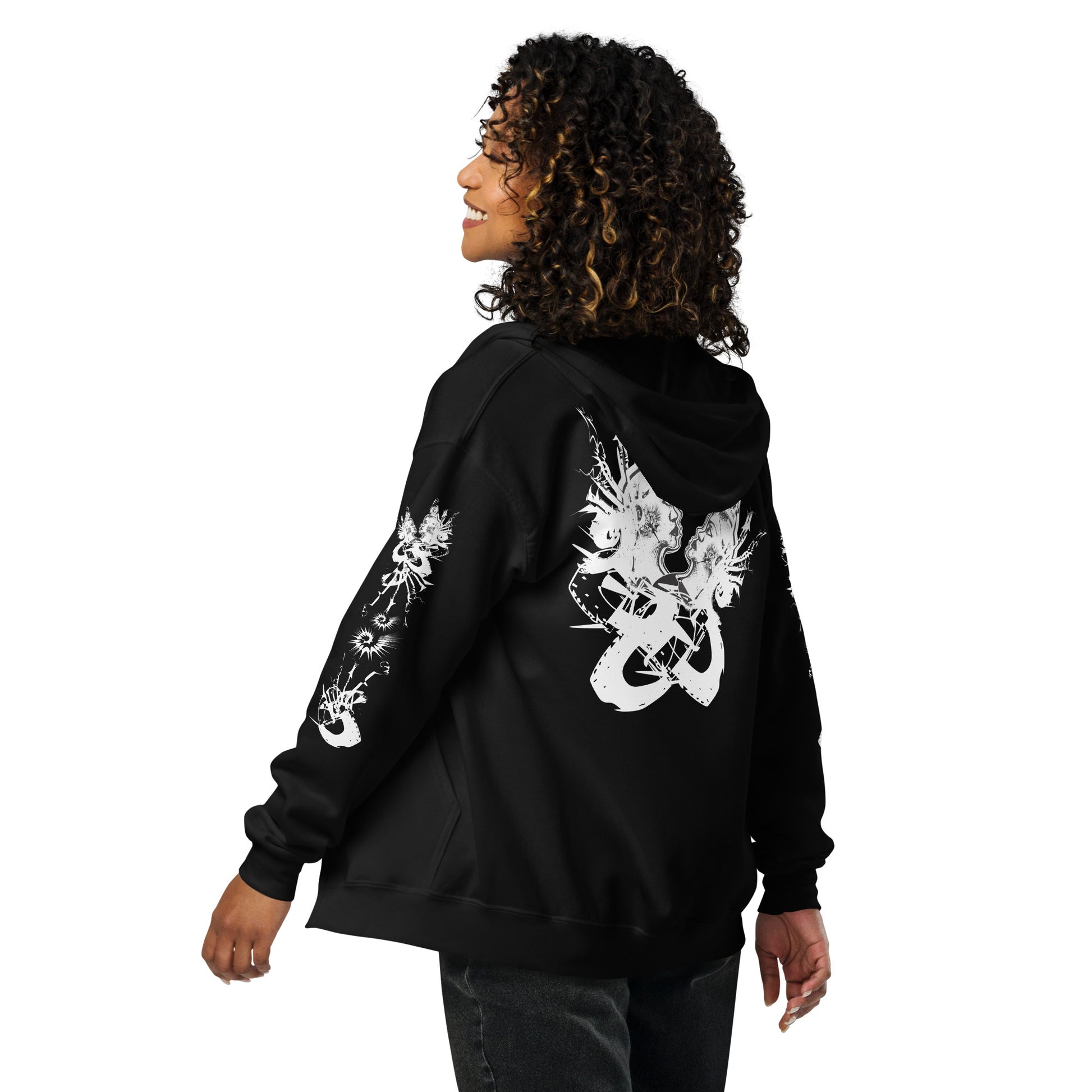 Back view of black unisex K.L.O.E. zip hoodie with white abstract hand-drawn illustration of two faces intertwined with organic shapes and cultural symbolism—expressing metamorphosis, identity, and artistic freedom.