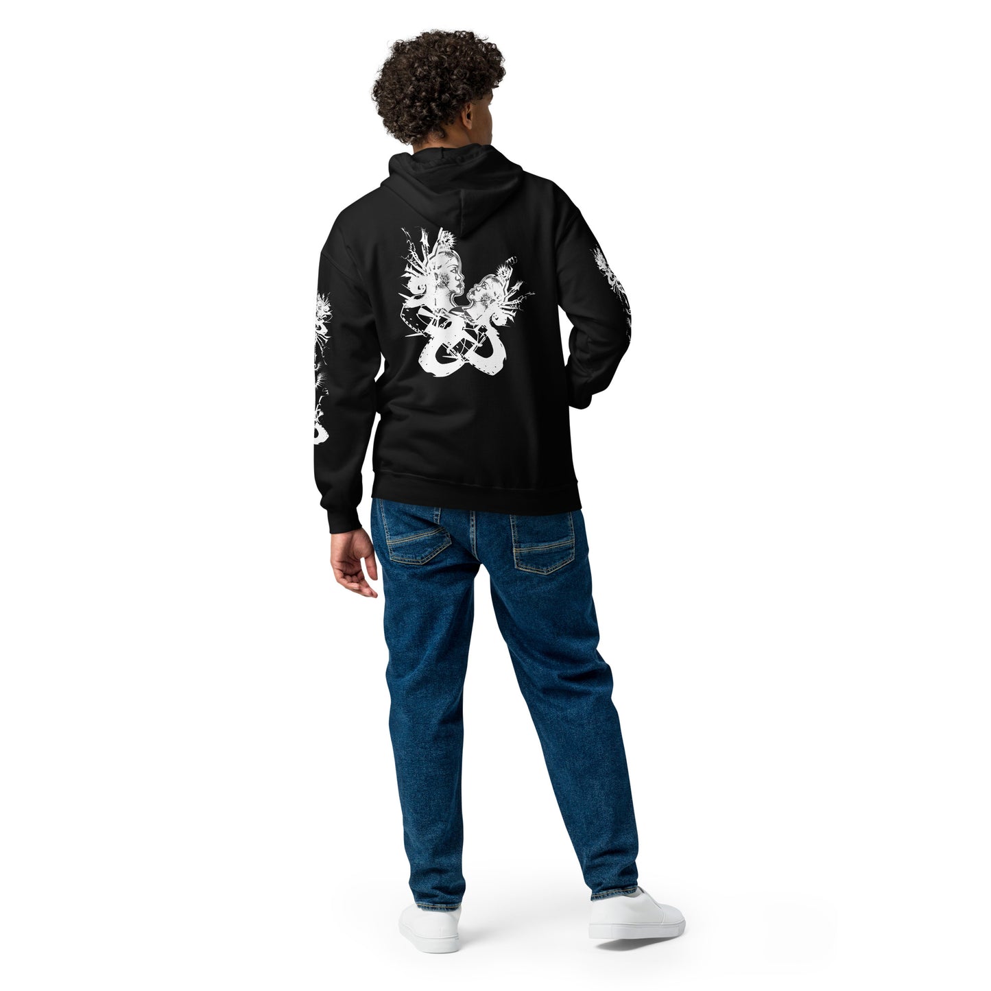 Back view of black unisex K.L.O.E. zip hoodie with white abstract hand-drawn illustration of two faces intertwined with organic shapes and cultural symbolism—expressing metamorphosis, identity, and artistic freedom.