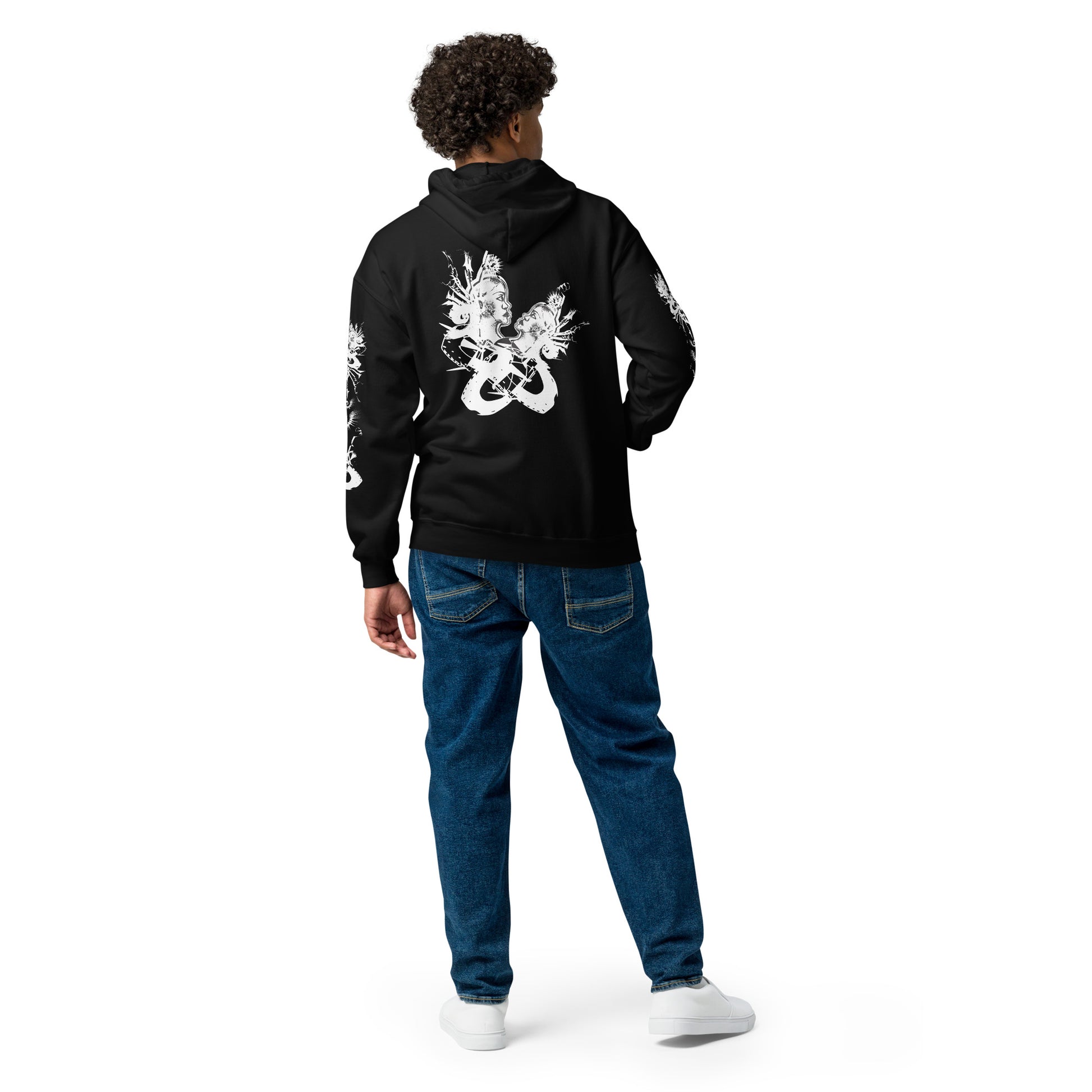 Back view of black unisex K.L.O.E. zip hoodie with white abstract hand-drawn illustration of two faces intertwined with organic shapes and cultural symbolism—expressing metamorphosis, identity, and artistic freedom.