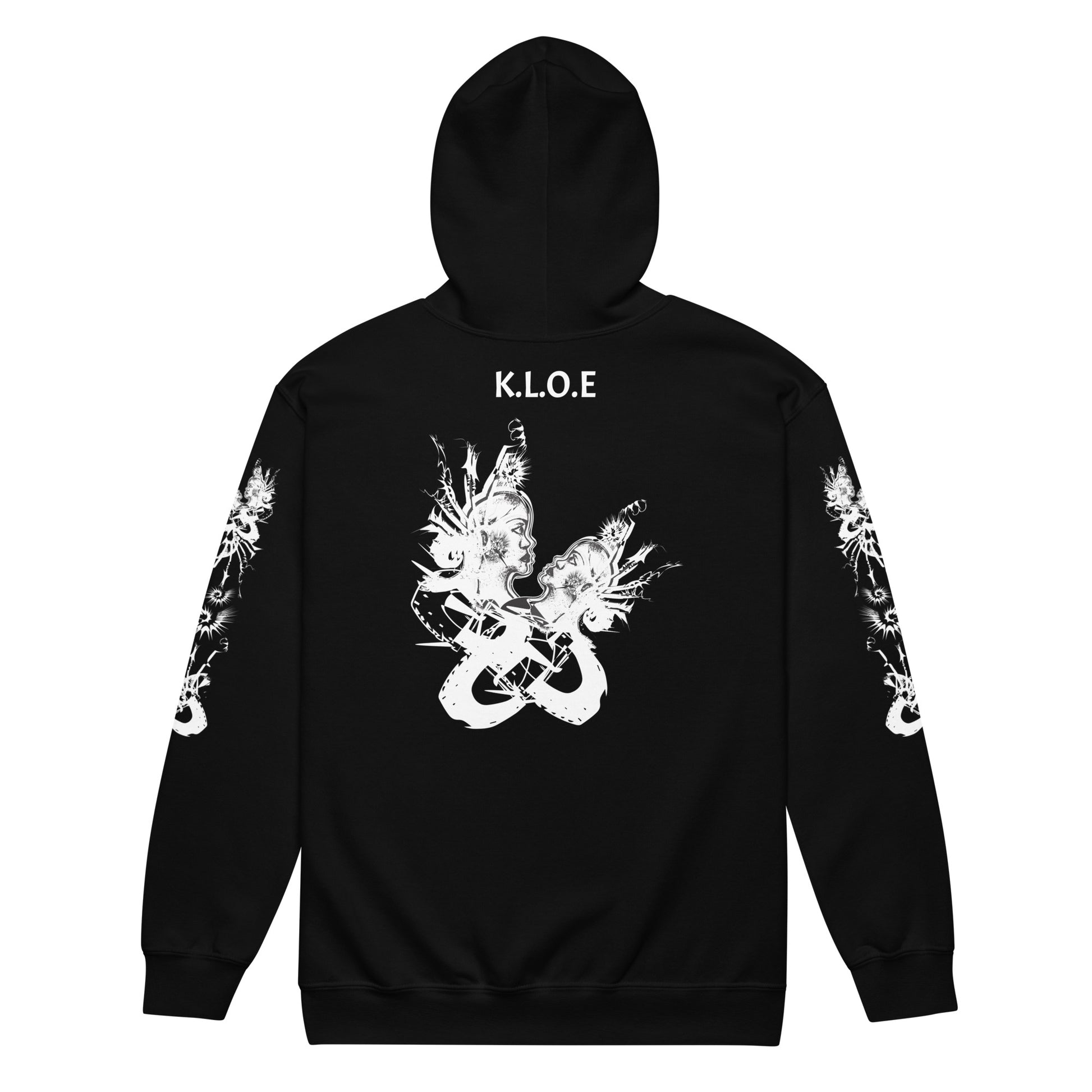 Back view of black unisex K.L.O.E. zip hoodie with white abstract hand-drawn illustration of two faces intertwined with organic shapes and cultural symbolism—expressing metamorphosis, identity, and artistic freedom.
