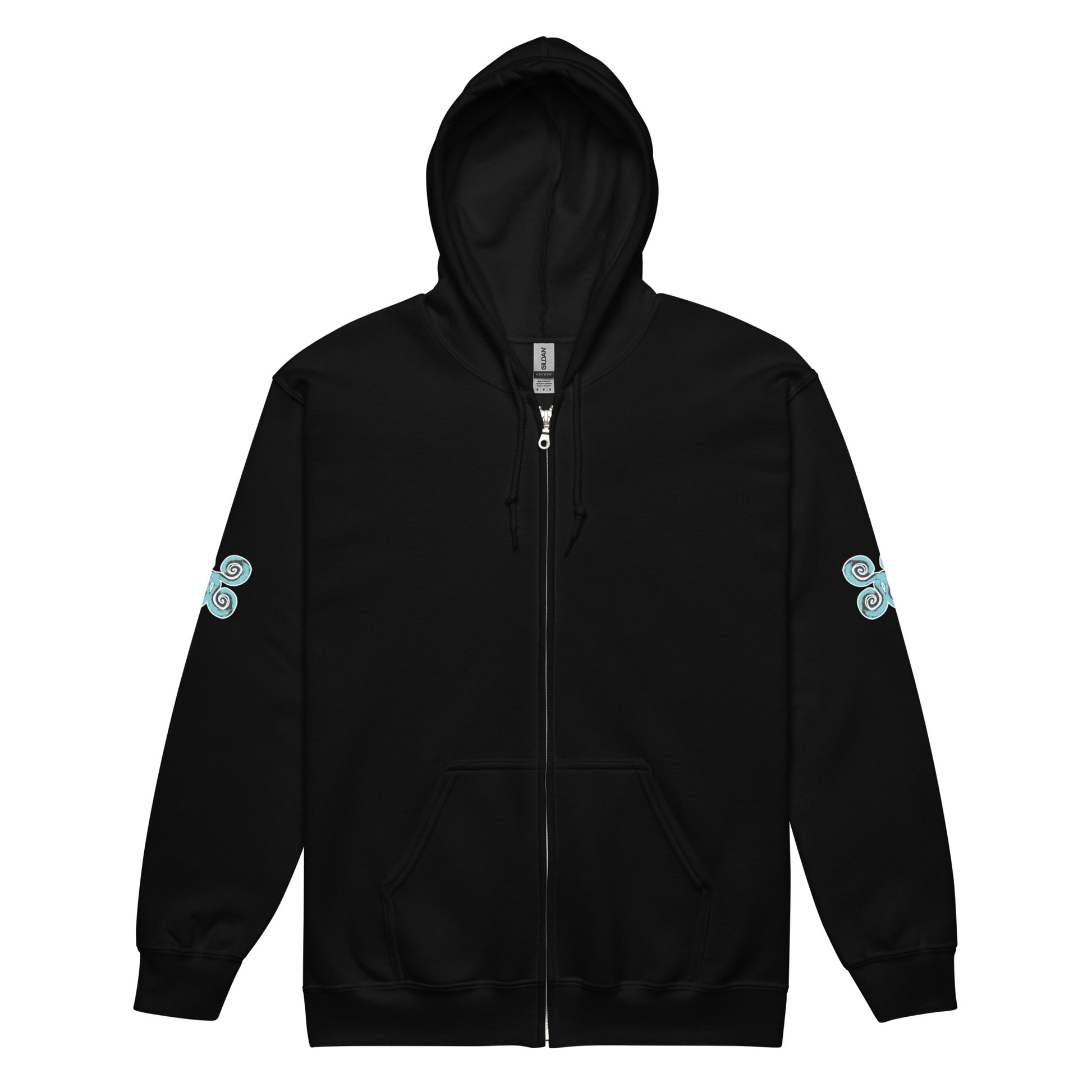 The front view of black zip-up hoodie featuring a striking, hand-drawn graphic on the back of two mirrored female figures with intricate headpieces in black and teal, connected by a central spiral element, on the back. Teal spiral accents appear on each sleeve, adding a touch of cultural artistry. This K.L.O.E. design embodies modern boho style and expressive, artisan-crafted fashion, ideal for those who embrace unique, eco-friendly apparel and global inspiration.