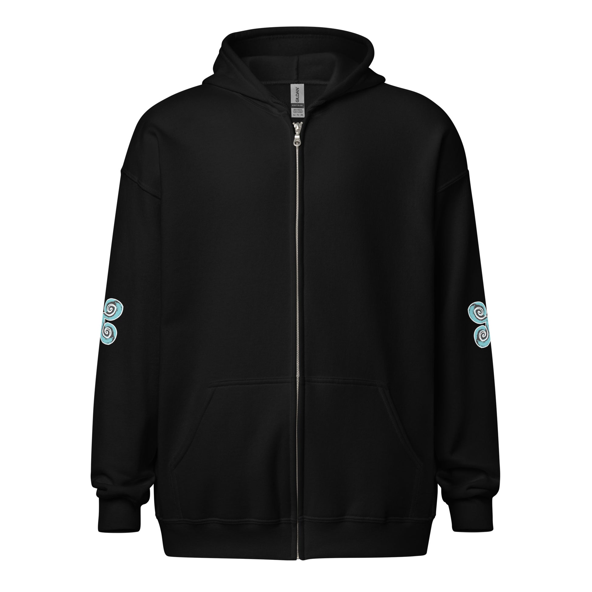 The front view of black zip-up hoodie featuring a striking, hand-drawn graphic on the back of two mirrored female figures with intricate headpieces in black and teal, connected by a central spiral element, on the back. Teal spiral accents appear on each sleeve, adding a touch of cultural artistry. This K.L.O.E. design embodies modern boho style and expressive, artisan-crafted fashion, ideal for those who embrace unique, eco-friendly apparel and global inspiration.