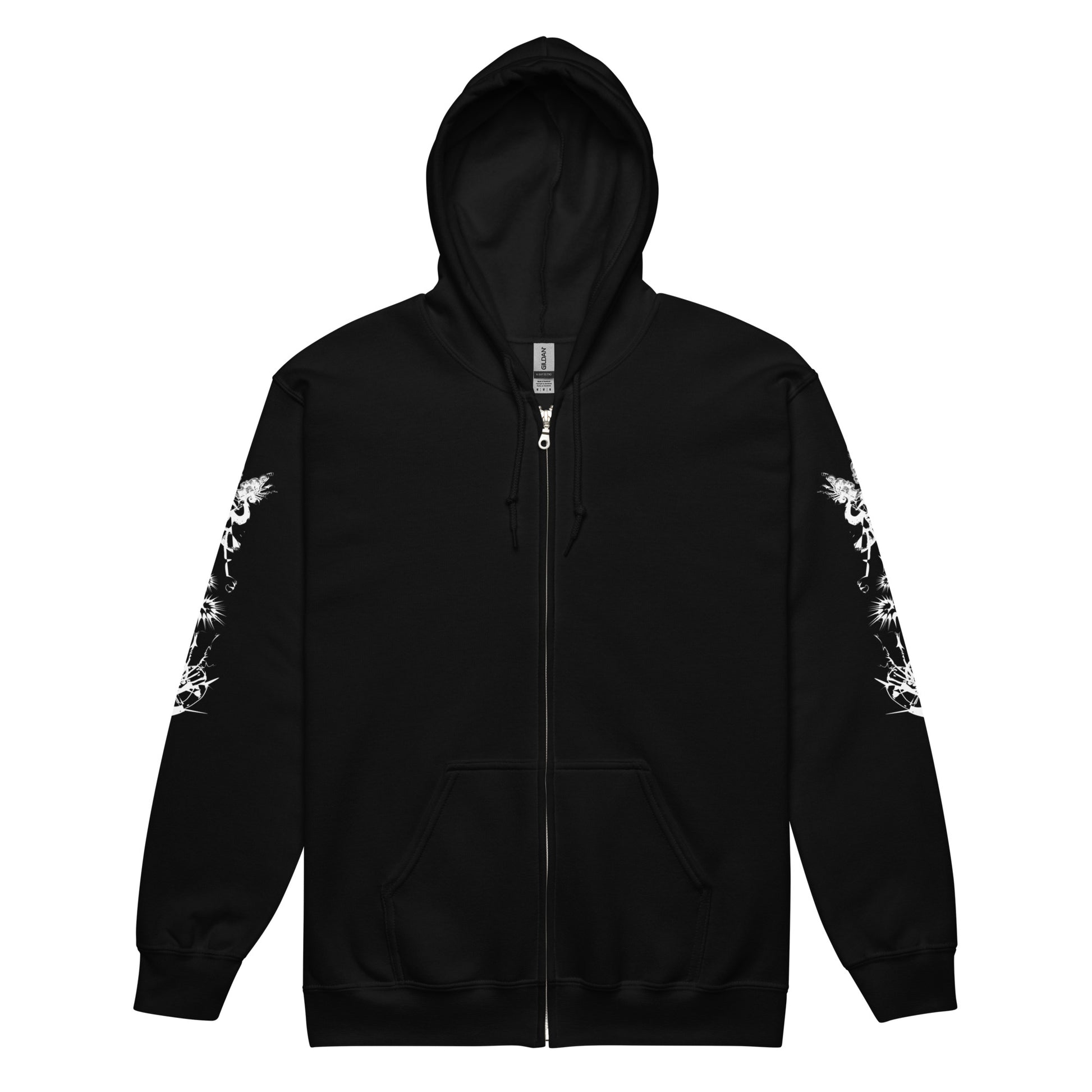 Front view of black unisex K.L.O.E. zip hoodie featuring white hand-drawn, culturally inspired artwork on the sleeves—symbolizing transformation and individuality through intricate abstract design.
