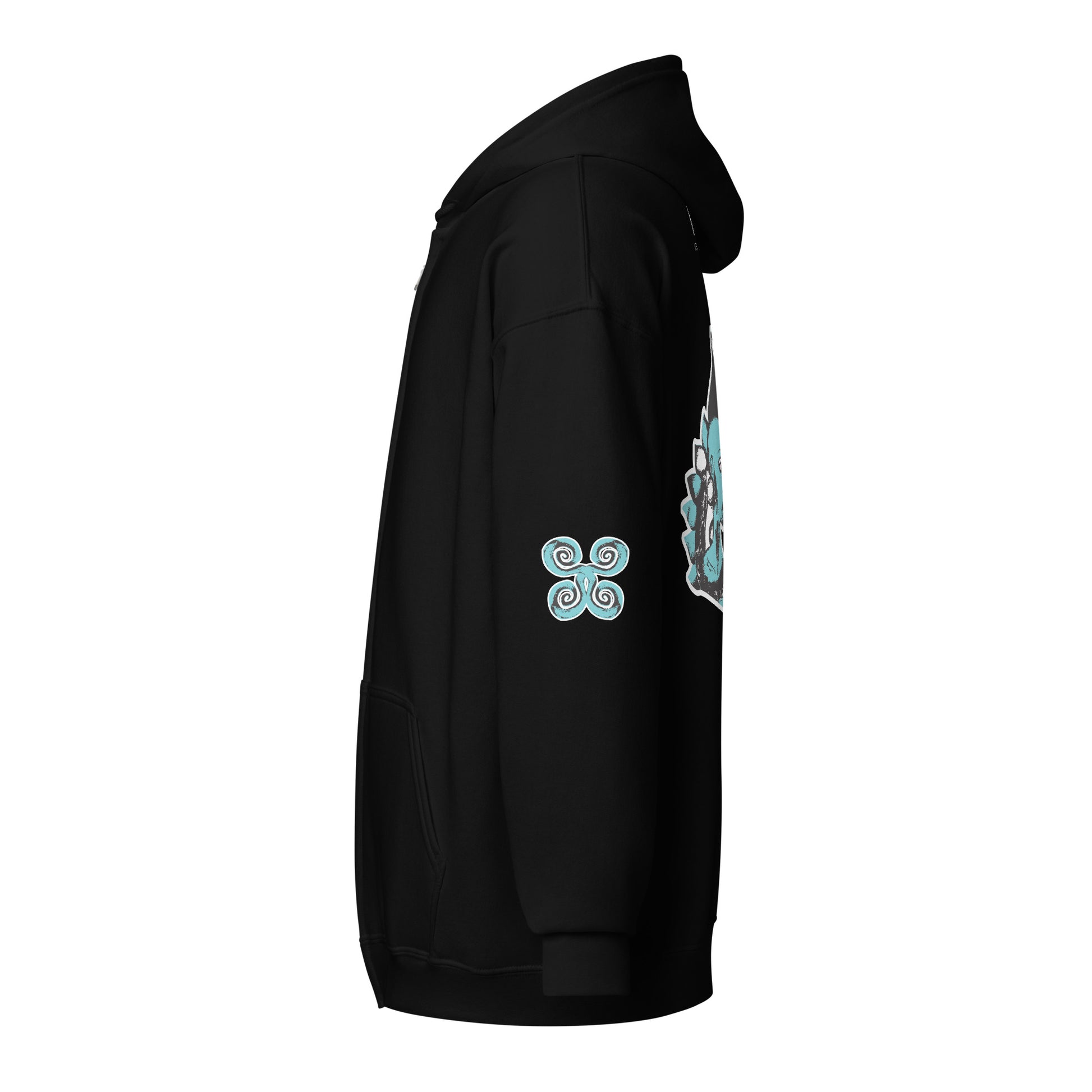 The sideview of the black zip-up hoodie featuring a striking, hand-drawn graphic on the back of two mirrored female figures with intricate headpieces in black and teal, connected by a central spiral element, on the back. Teal spiral accents appear on each sleeve, adding a touch of cultural artistry. This K.L.O.E. design embodies modern boho style and expressive, artisan-crafted fashion, ideal for those who embrace unique, eco-friendly apparel and global inspiration.