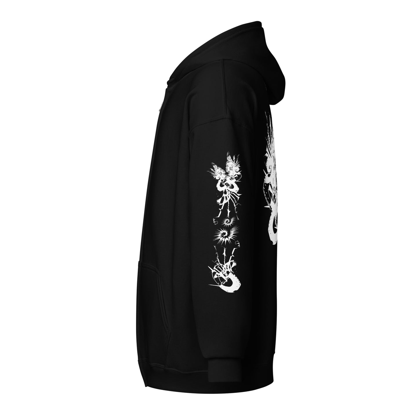Side view of black unisex K.L.O.E. zip hoodie featuring white hand-drawn, culturally inspired artwork on the sleeves—symbolizing transformation and individuality through intricate abstract design, showing the sleeves details.