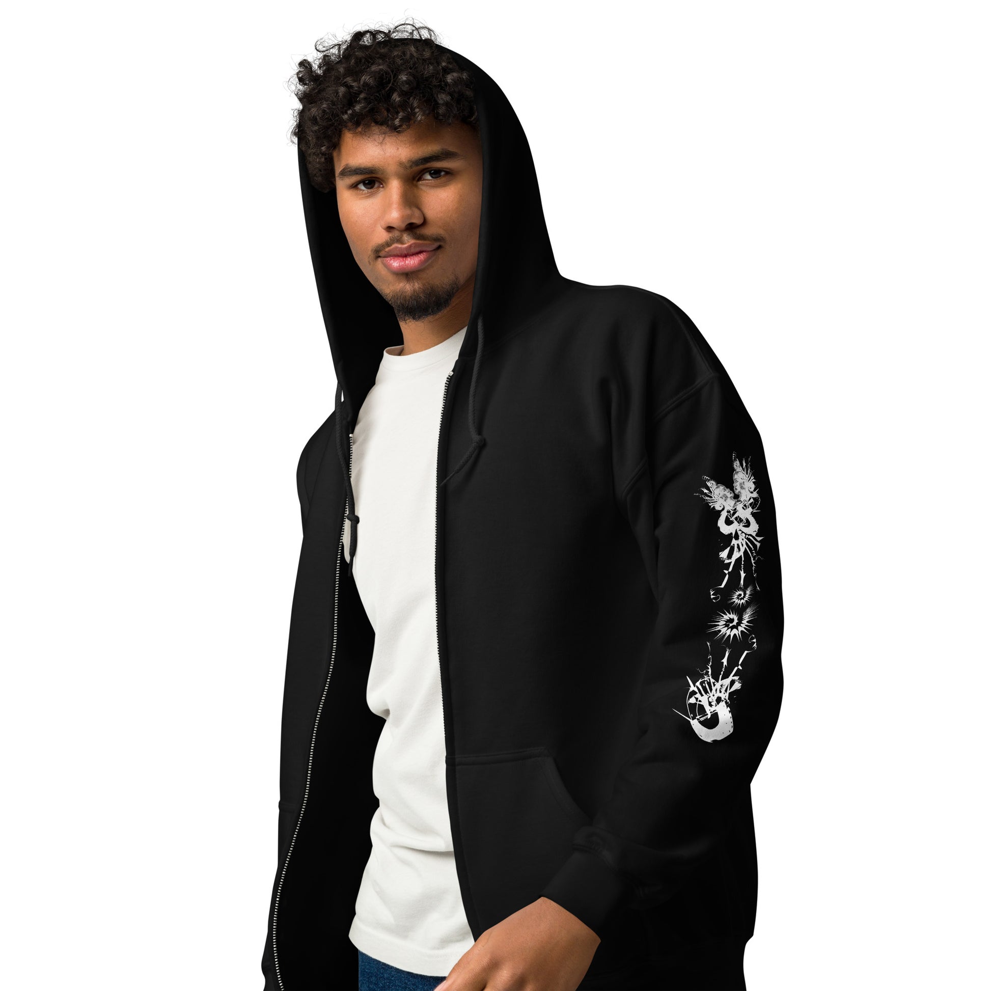 Front view of black unisex K.L.O.E. zip hoodie featuring white hand-drawn, culturally inspired artwork on the sleeves—symbolizing transformation and individuality through intricate abstract design.