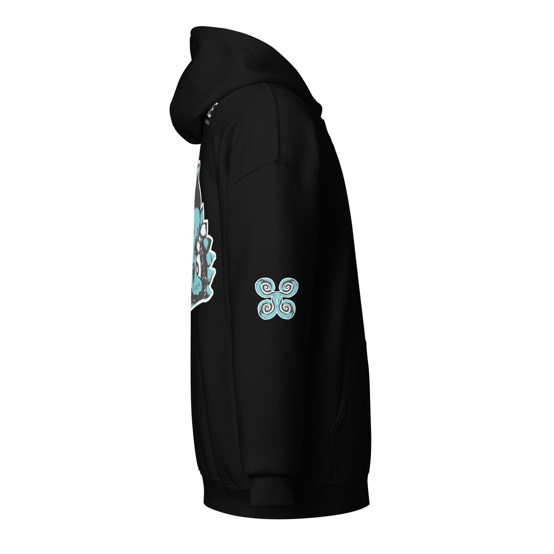 The side view of the black zip-up hoodie featuring a striking, hand-drawn graphic on the back of two mirrored female figures with intricate headpieces in black and teal, connected by a central spiral element, on the back. Teal spiral accents appear on each sleeve, adding a touch of cultural artistry. This K.L.O.E. design embodies modern boho style and expressive, artisan-crafted fashion, ideal for those who embrace unique, eco-friendly apparel and global inspiration.