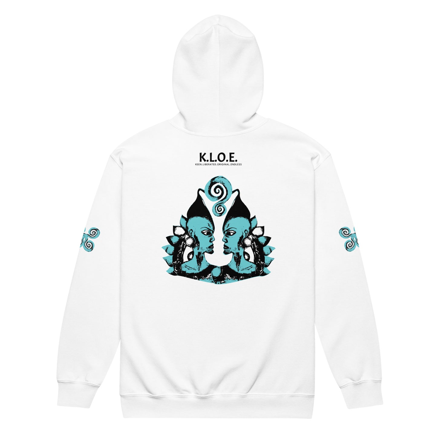 White zip-up hoodie featuring a striking, hand-drawn graphic on the back of two mirrored female figures with intricate headpieces in black and teal, connected by a central spiral element. Teal spiral accents appear on each sleeve, adding a touch of cultural artistry. This K.L.O.E. design embodies modern boho style and expressive, artisan-crafted fashion, ideal for those who embrace unique, eco-friendly apparel and global inspiration.