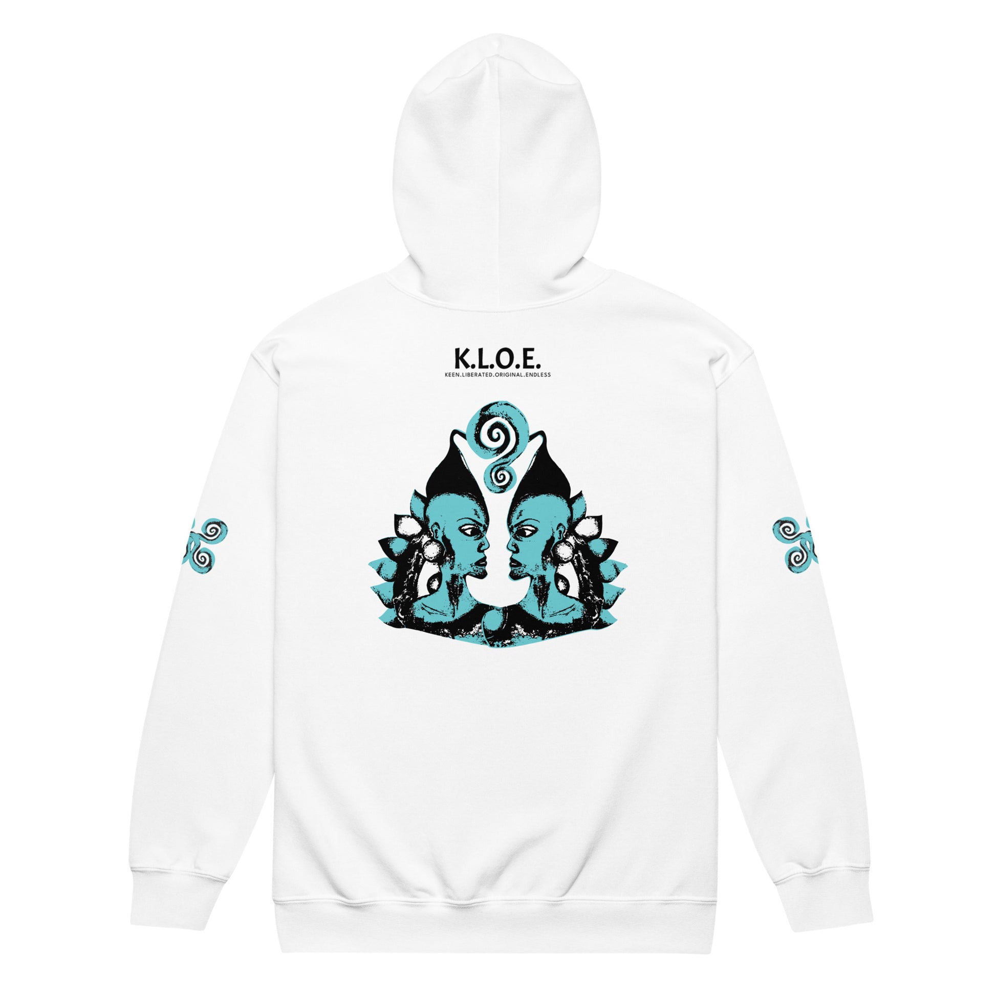 White zip-up hoodie featuring a striking, hand-drawn graphic on the back of two mirrored female figures with intricate headpieces in black and teal, connected by a central spiral element. Teal spiral accents appear on each sleeve, adding a touch of cultural artistry. This K.L.O.E. design embodies modern boho style and expressive, artisan-crafted fashion, ideal for those who embrace unique, eco-friendly apparel and global inspiration.