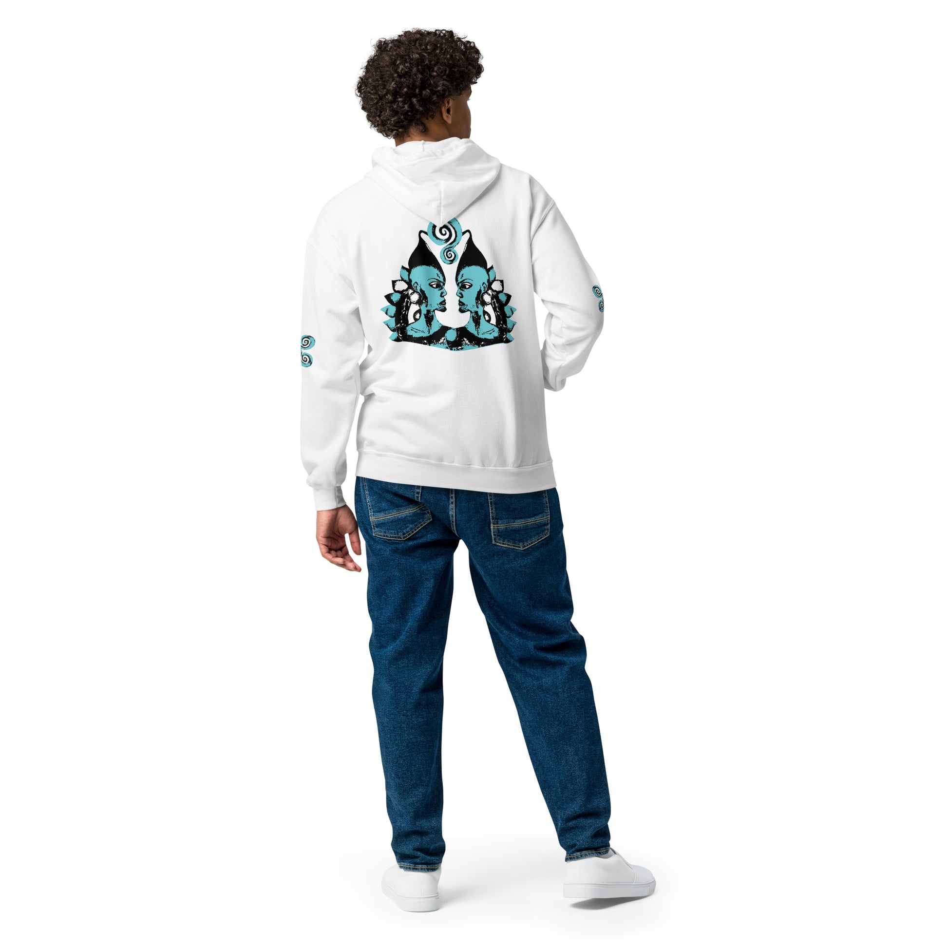 White zip-up hoodie featuring a striking, hand-drawn graphic on the back of two mirrored female figures with intricate headpieces in black and teal, connected by a central spiral element. Teal spiral accents appear on each sleeve, adding a touch of cultural artistry. This K.L.O.E. design embodies modern boho style and expressive, artisan-crafted fashion, ideal for those who embrace unique, eco-friendly apparel and global inspiration, worn by model.