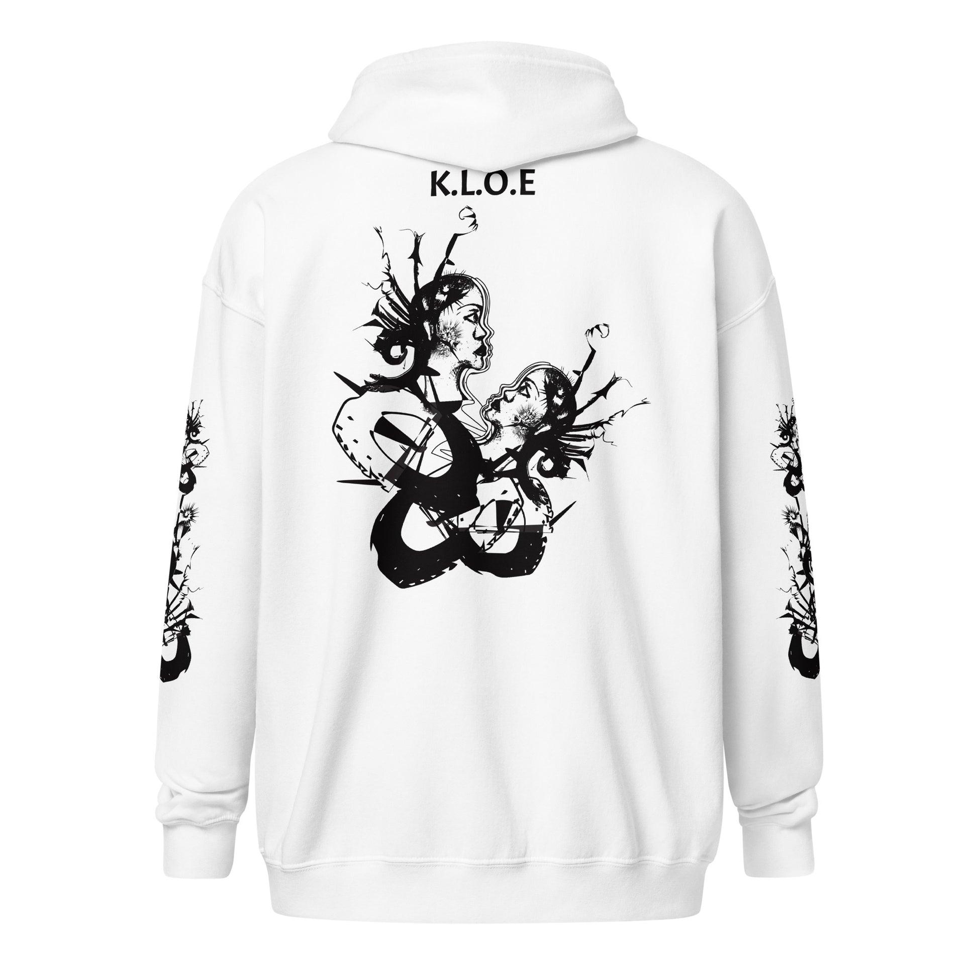 Back view of white unisex K.L.O.E. zip hoodie with black abstract hand-drawn illustration of two faces intertwined with organic shapes and cultural symbolism—expressing metamorphosis, identity, and artistic freedom.