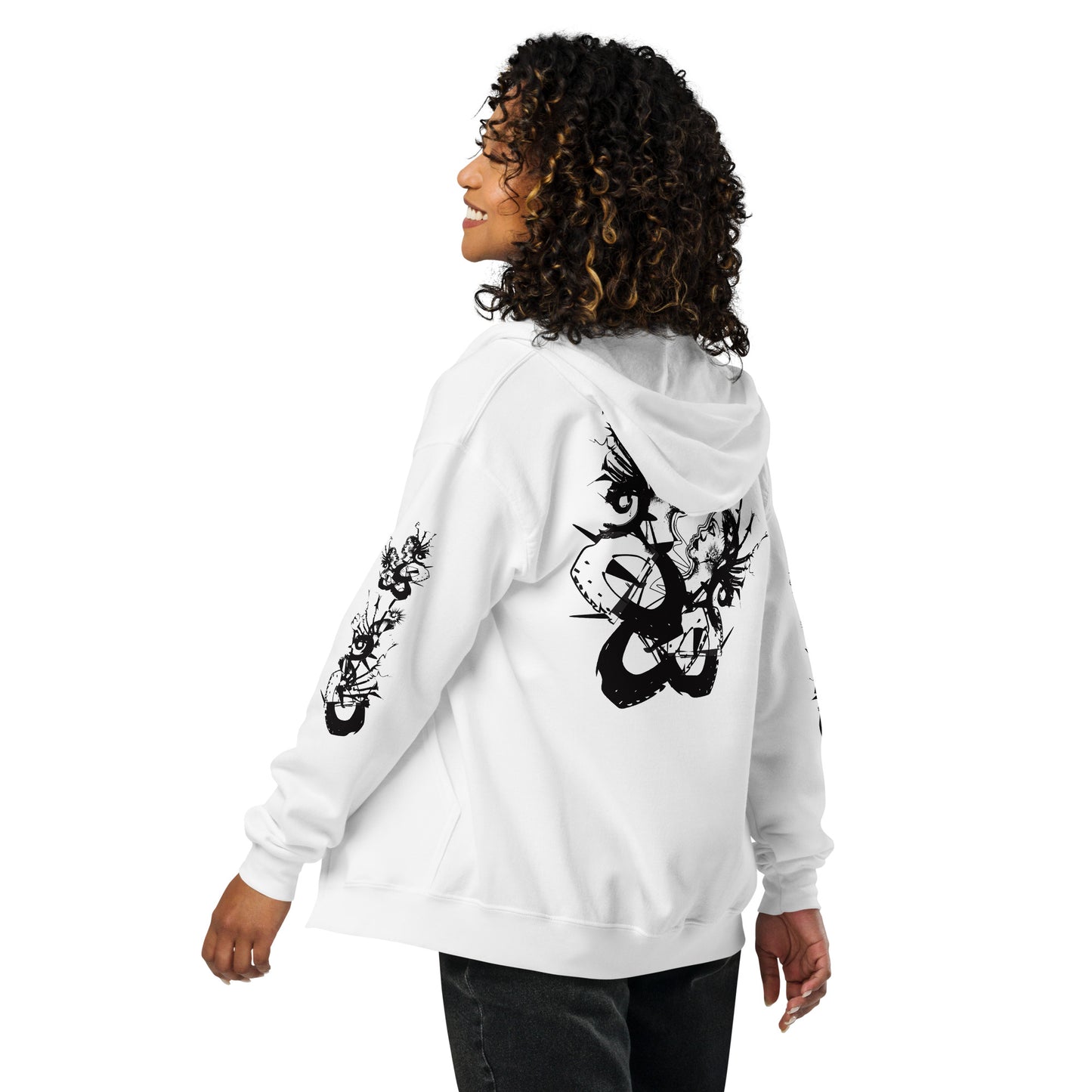 Back view of white unisex K.L.O.E. zip hoodie with black abstract hand-drawn illustration of two faces intertwined with organic shapes and cultural symbolism—expressing metamorphosis, identity, and artistic freedom.