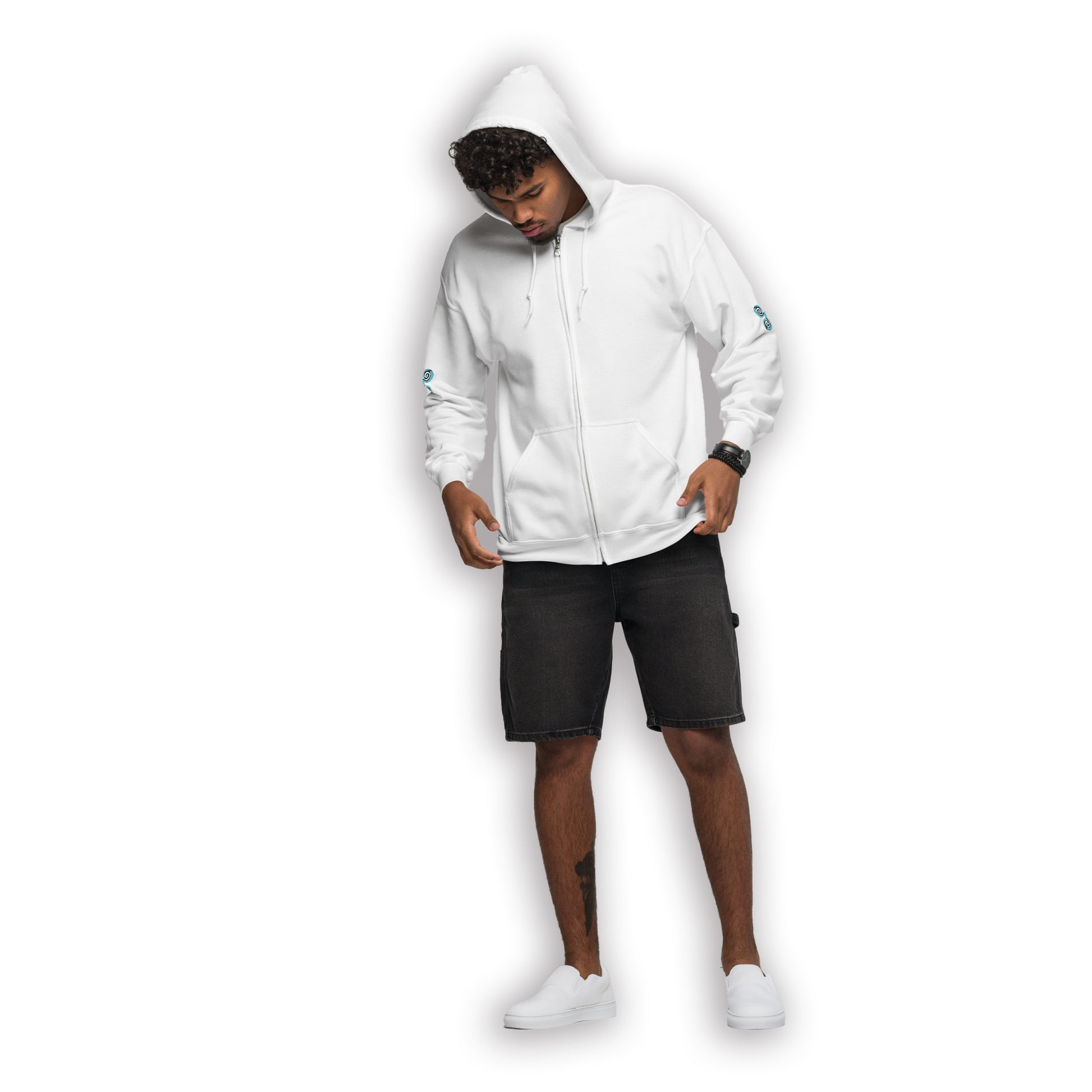 White zip-up hoodie with teal and black spiral designs on each sleeve, embodying a minimalist yet culturally inspired look. This artisan-crafted piece from K.L.O.E. is perfect for those seeking modern boho style and expressive, eco-friendly fashion that celebrates individuality and global artistry, worn by male model.