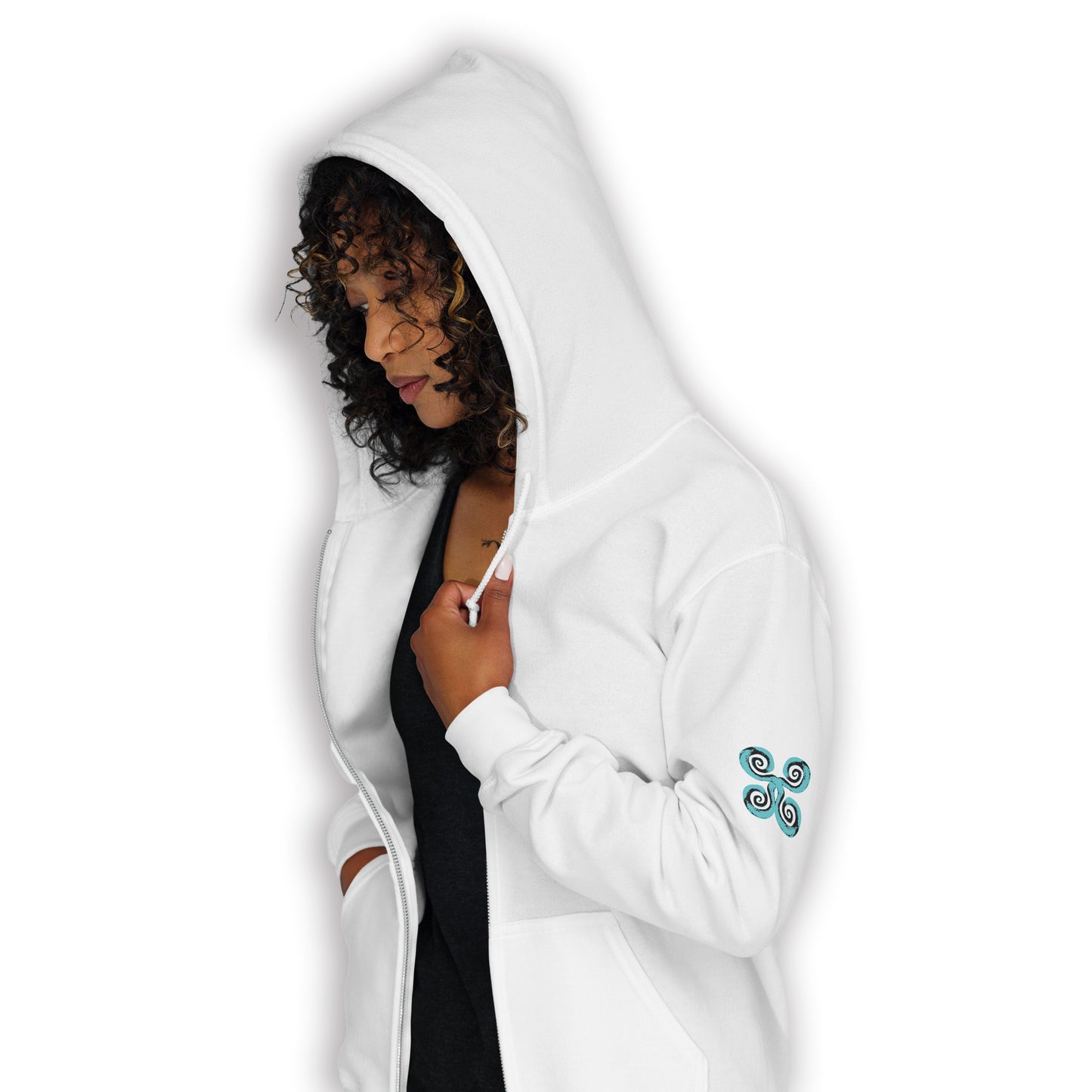 White zip-up hoodie with teal and black spiral designs on each sleeve, embodying a minimalist yet culturally inspired look. This artisan-crafted piece from K.L.O.E. is perfect for those seeking modern boho style and expressive, eco-friendly fashion that celebrates individuality and global artistry.