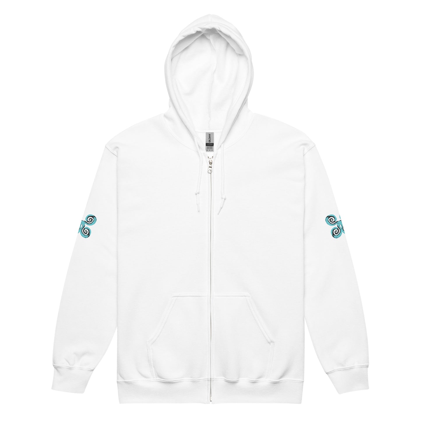 White zip-up hoodie with teal and black spiral designs on each sleeve, embodying a minimalist yet culturally inspired look. This artisan-crafted piece from K.L.O.E. is perfect for those seeking modern boho style and expressive, eco-friendly fashion that celebrates individuality and global artistry.