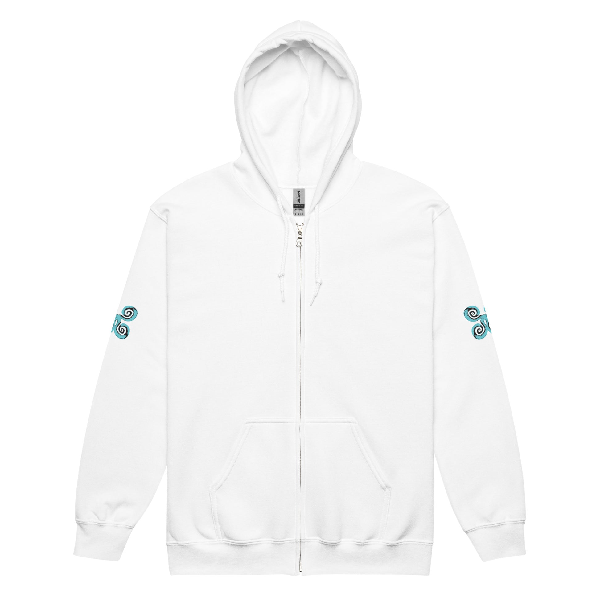 White zip-up hoodie with teal and black spiral designs on each sleeve, embodying a minimalist yet culturally inspired look. This artisan-crafted piece from K.L.O.E. is perfect for those seeking modern boho style and expressive, eco-friendly fashion that celebrates individuality and global artistry.