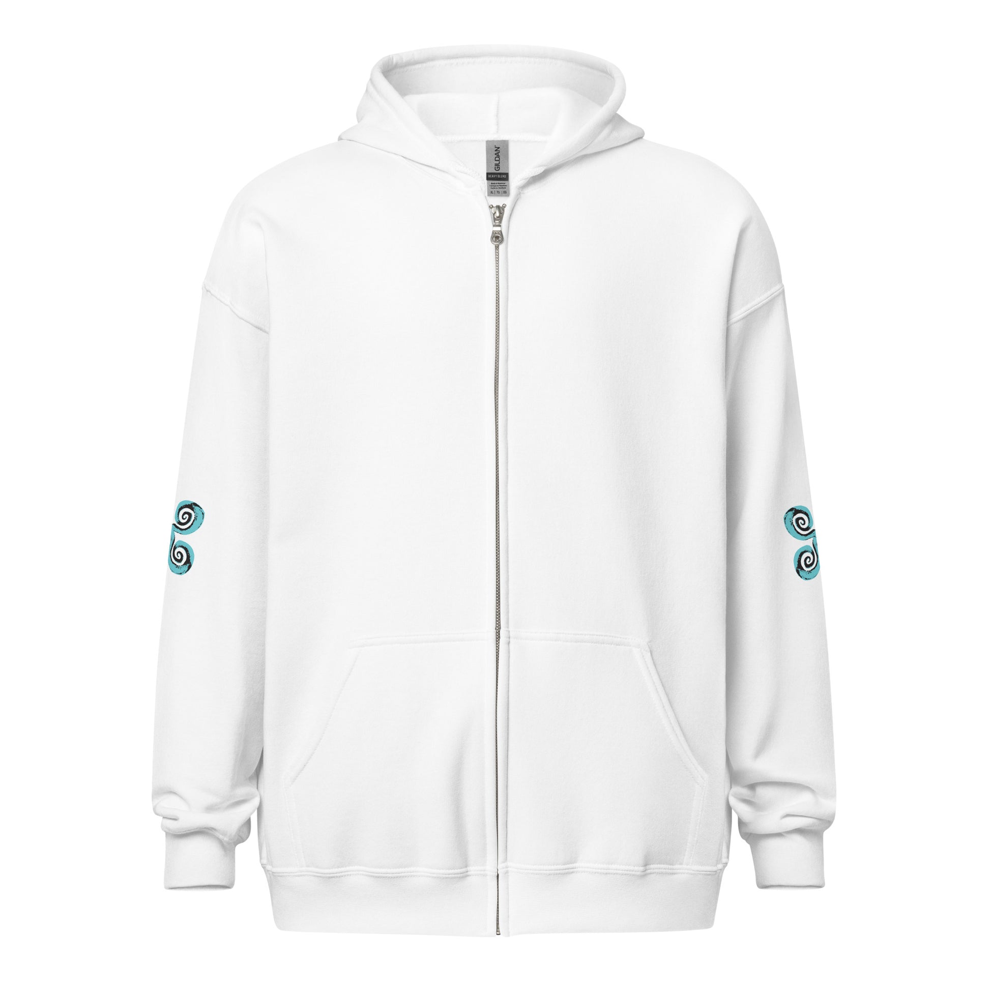 White zip-up hoodie with teal and black spiral designs on each sleeve, embodying a minimalist yet culturally inspired look. This artisan-crafted piece from K.L.O.E. is perfect for those seeking modern boho style and expressive, eco-friendly fashion that celebrates individuality and global artistry.