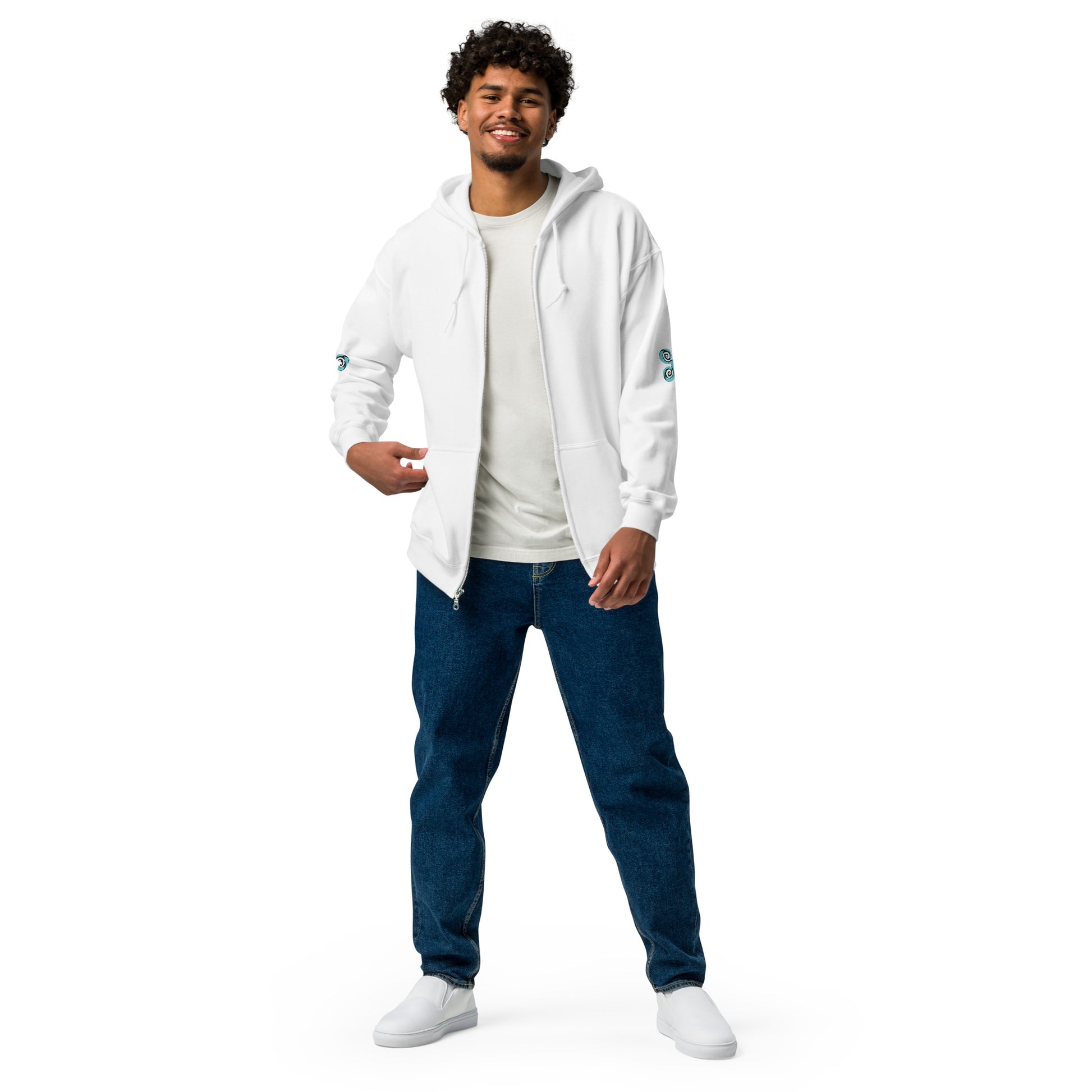 White zip-up hoodie with teal and black spiral designs on each sleeve, embodying a minimalist yet culturally inspired look. This artisan-crafted piece from K.L.O.E. is perfect for those seeking modern boho style and expressive, eco-friendly fashion that celebrates individuality and global artistry, worn by male model.