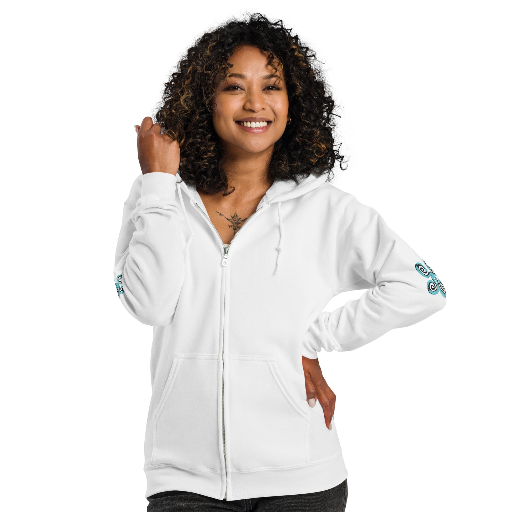 White zip-up hoodie with teal and black spiral designs on each sleeve, embodying a minimalist yet culturally inspired look. This artisan-crafted piece from K.L.O.E. is perfect for those seeking modern boho style and expressive, eco-friendly fashion that celebrates individuality and global artistry.