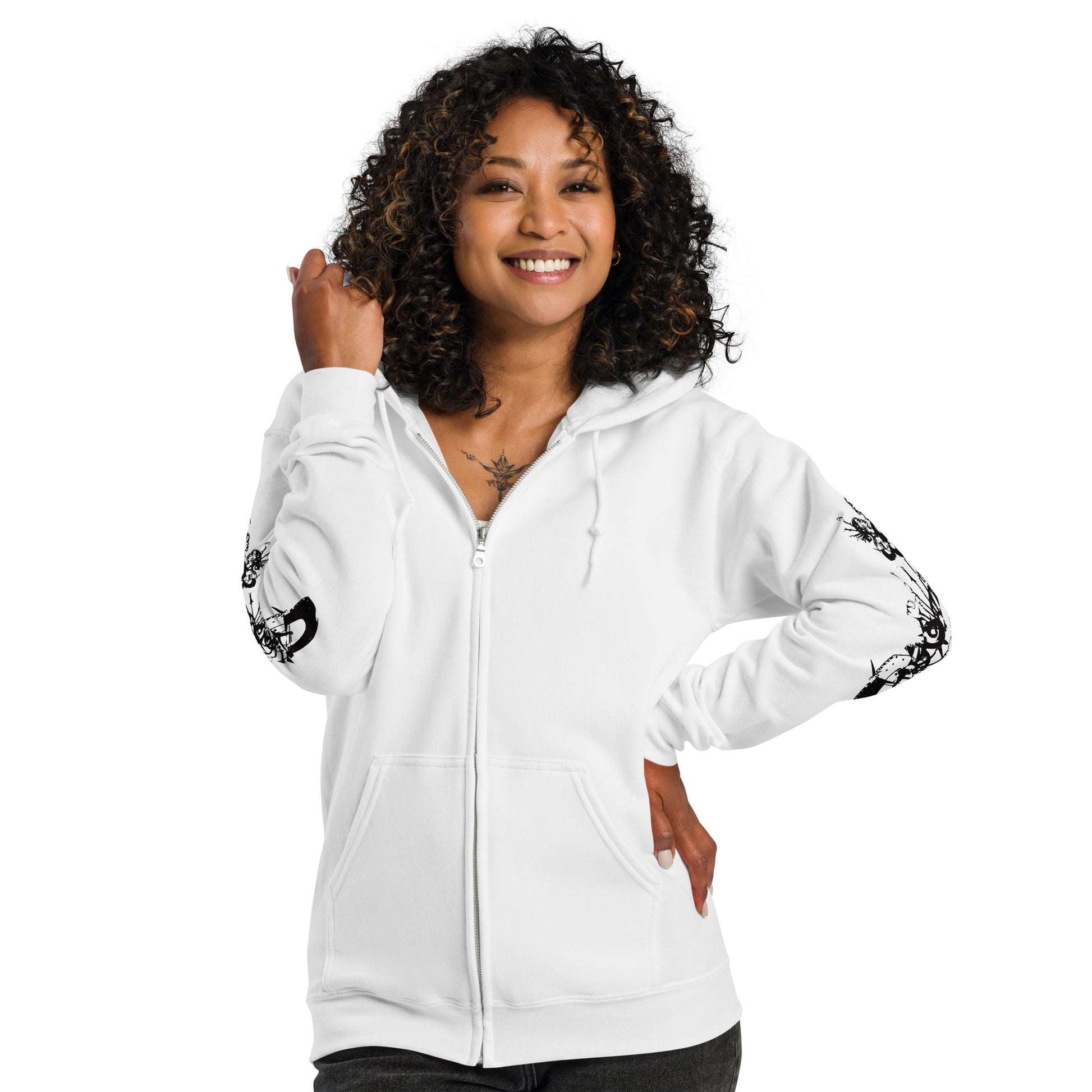 Front view of white unisex K.L.O.E. zip hoodie featuring black hand-drawn, culturally inspired artwork on the sleeves—symbolizing transformation and individuality through intricate abstract design.