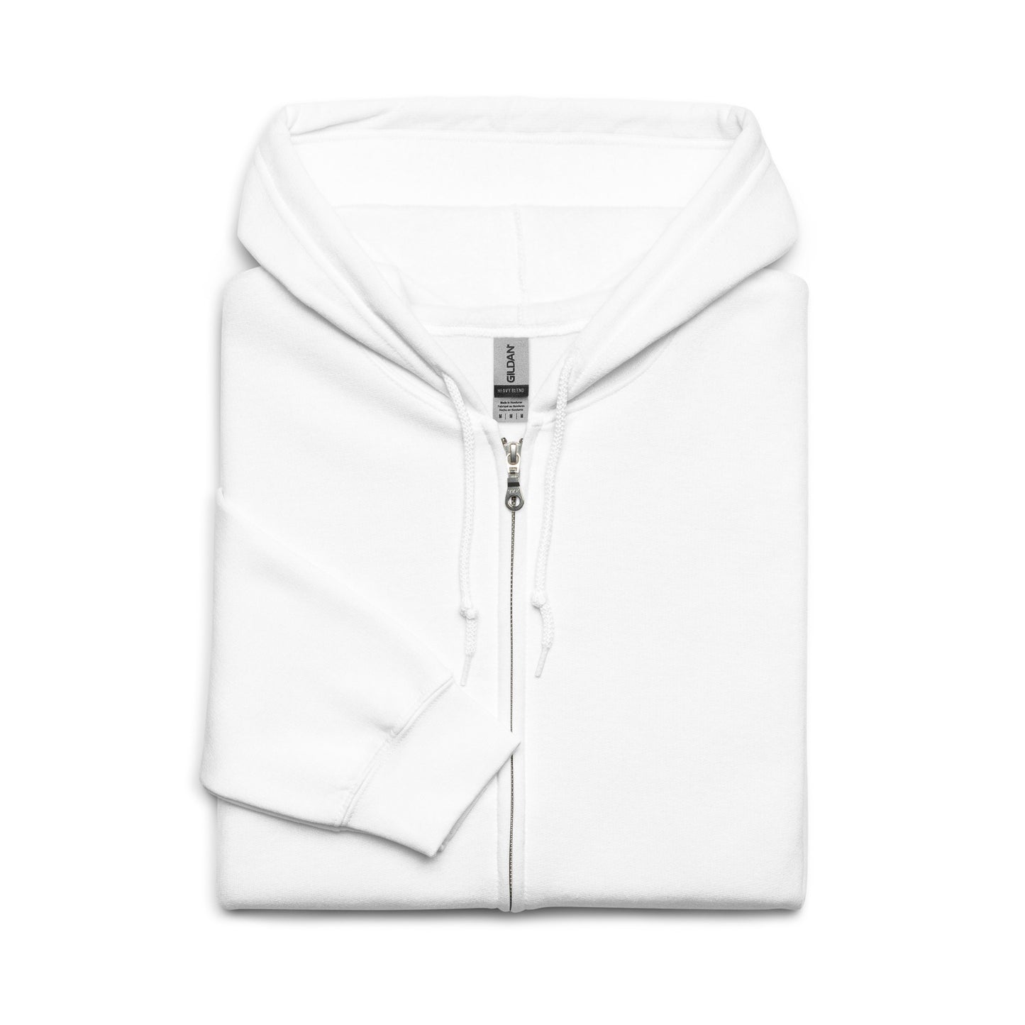 Front view of white unisex K.L.O.E. zip hoodie featuring black hand-drawn, culturally inspired artwork on the sleeves—symbolizing transformation and individuality through intricate abstract design.