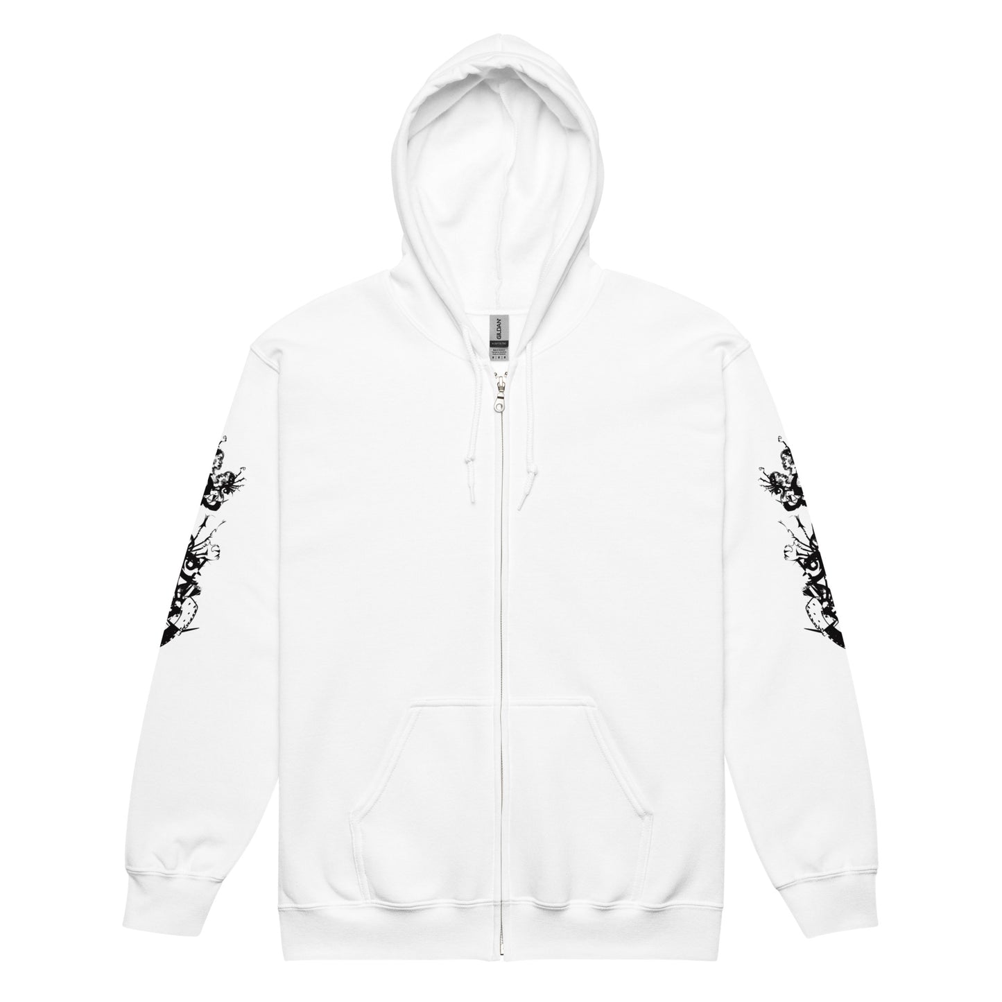 Front view of white unisex K.L.O.E. zip hoodie featuring black hand-drawn, culturally inspired artwork on the sleeves—symbolizing transformation and individuality through intricate abstract design.
