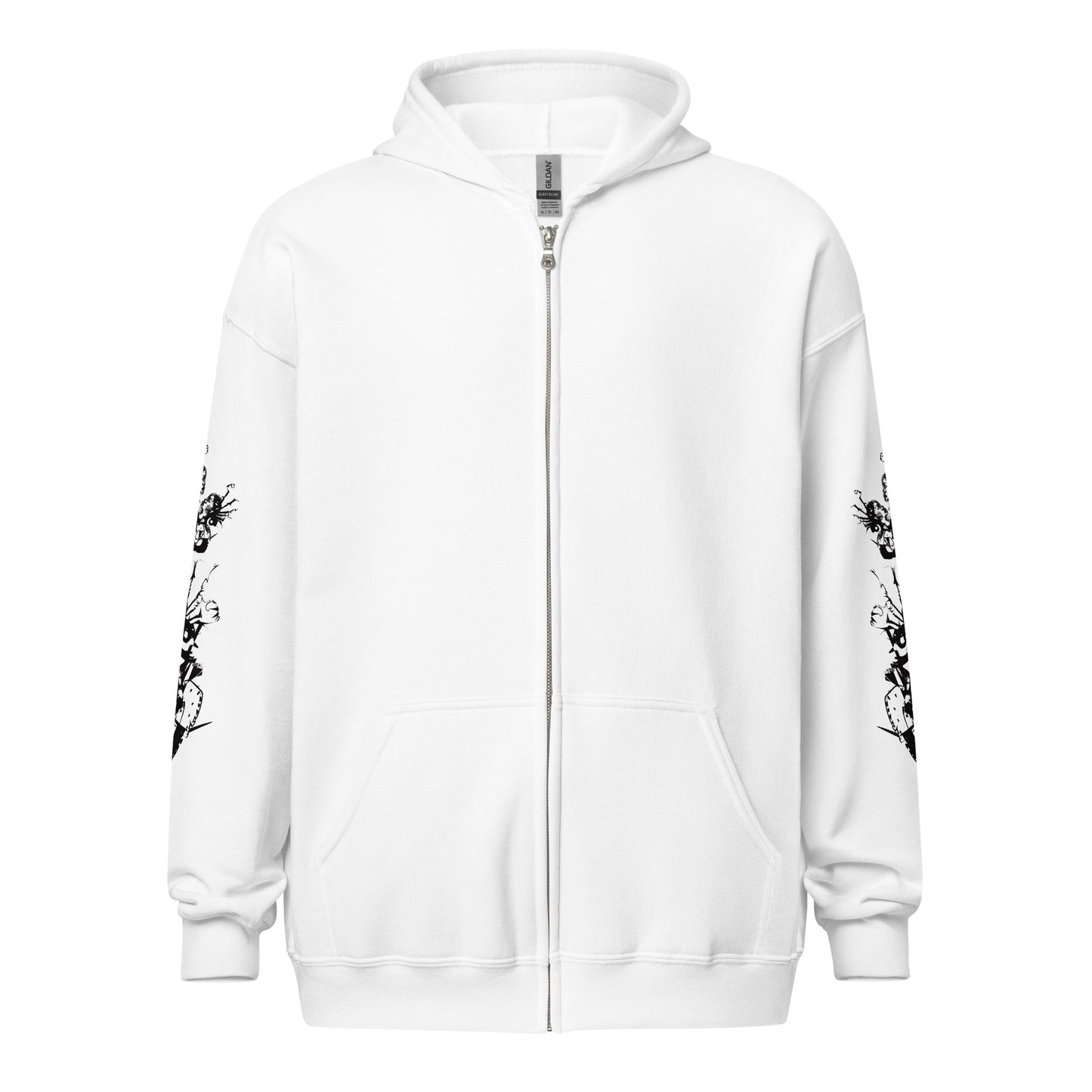 Front view of white unisex K.L.O.E. zip hoodie featuring black hand-drawn, culturally inspired artwork on the sleeves—symbolizing transformation and individuality through intricate abstract design.
