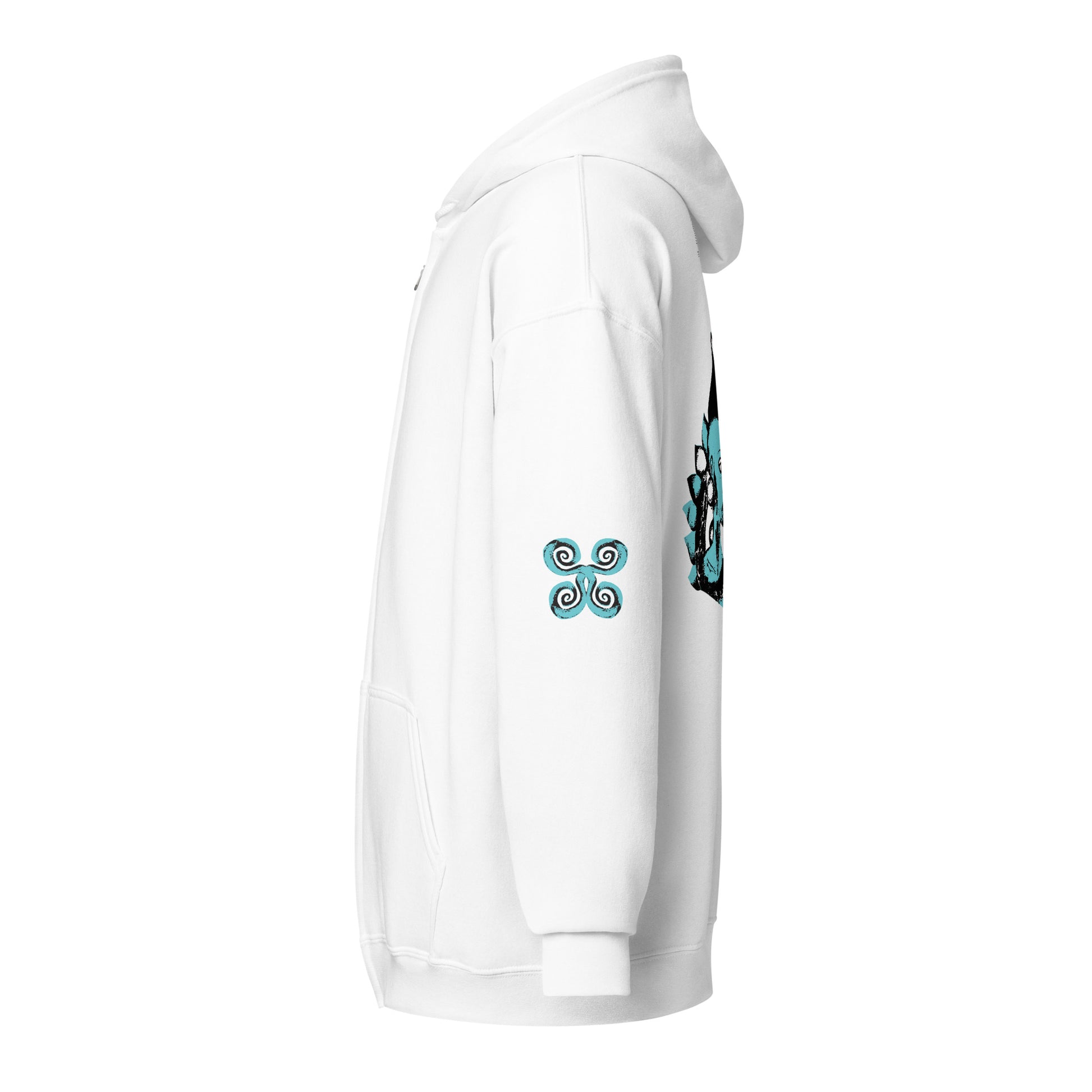 White zip-up hoodie with teal and black spiral designs on each sleeve, embodying a minimalist yet culturally inspired look. This artisan-crafted piece from K.L.O.E. is perfect for those seeking modern boho style and expressive, eco-friendly fashion that celebrates individuality and global artistry, side view.