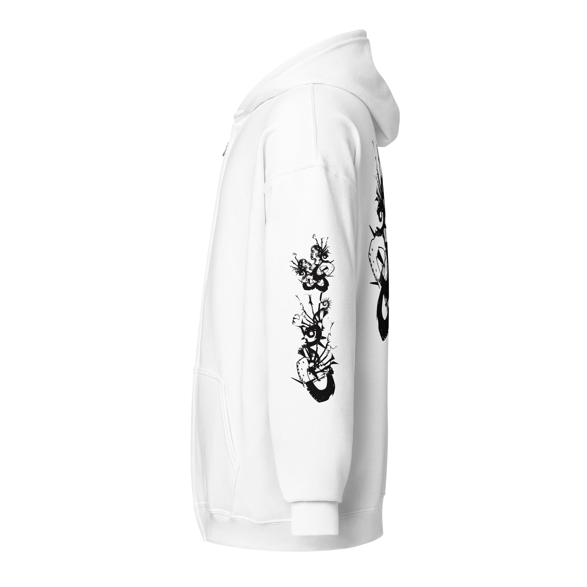 White unisex K.L.O.E. zip hoodie featuring black hand-drawn, culturally inspired artwork on the sleeves—symbolizing transformation and individuality through intricate abstract design, side view showing details on the sleeve.