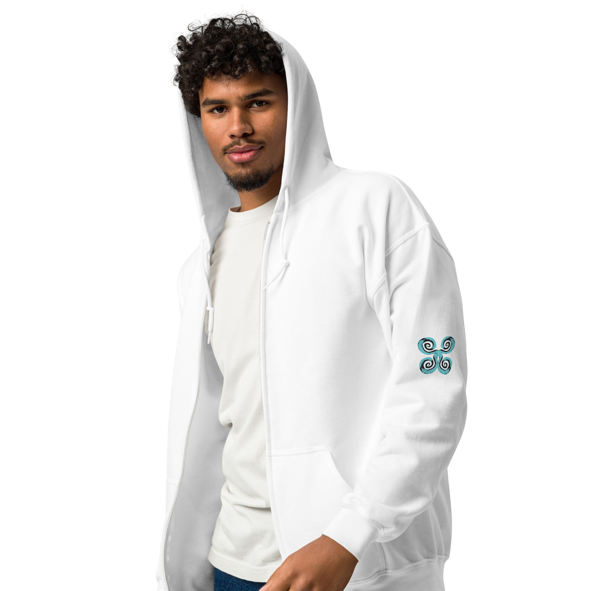 White zip-up hoodie with teal and black spiral designs on each sleeve, embodying a minimalist yet culturally inspired look. This artisan-crafted piece from K.L.O.E. is perfect for those seeking modern boho style and expressive, eco-friendly fashion that celebrates individuality and global artistry, worn by male model.