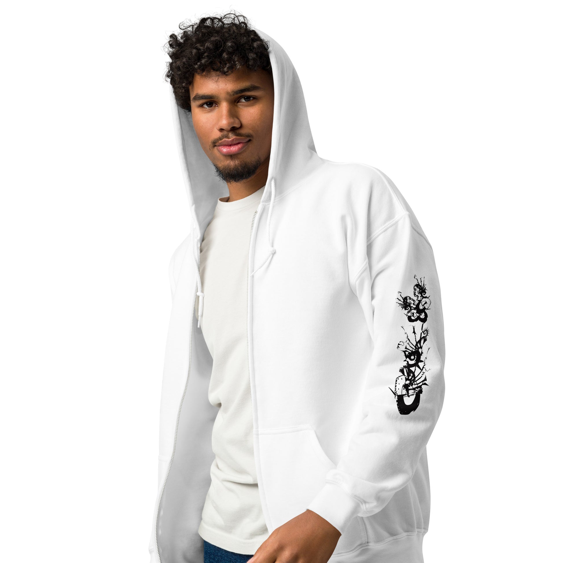 Front view of white unisex K.L.O.E. zip hoodie featuring black hand-drawn, culturally inspired artwork on the sleeves—symbolizing transformation and individuality through intricate abstract design.