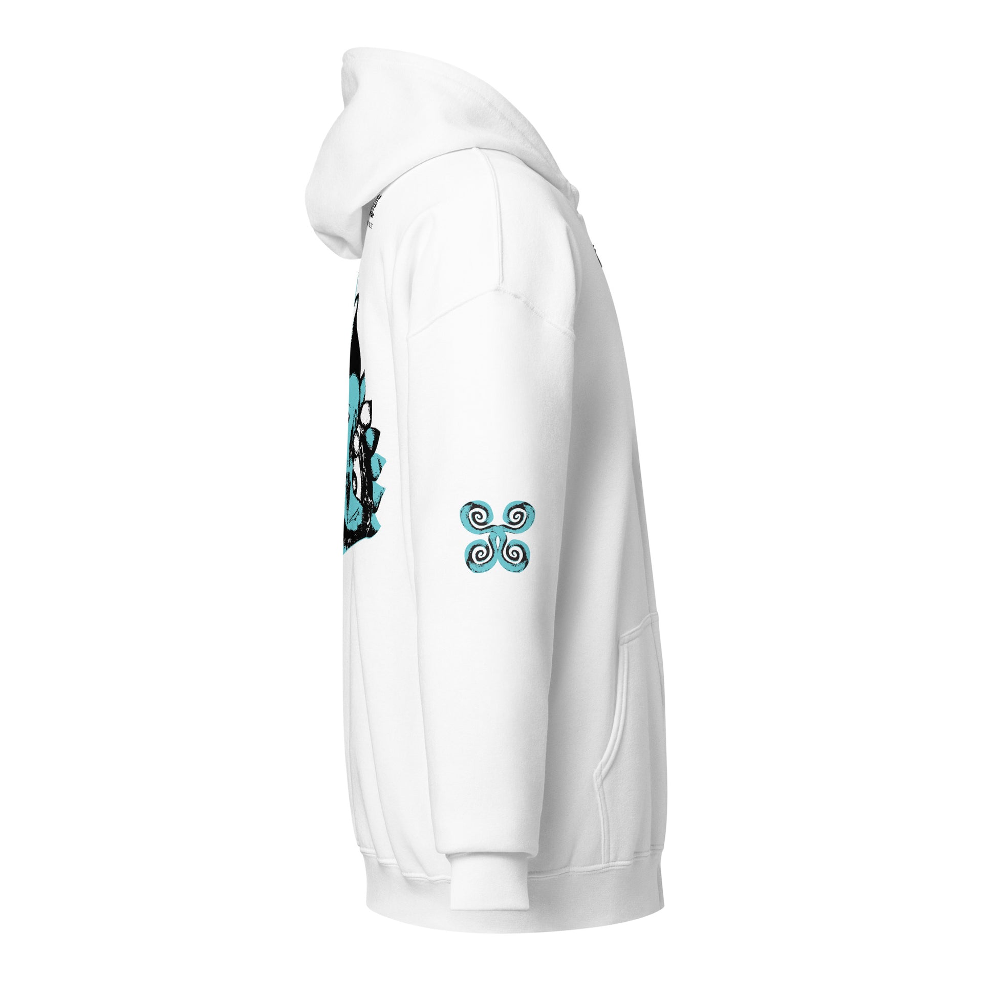 White zip-up hoodie with teal and black spiral designs on each sleeve, embodying a minimalist yet culturally inspired look. This artisan-crafted piece from K.L.O.E. is perfect for those seeking modern boho style and expressive, eco-friendly fashion that celebrates individuality and global artistry, side view.