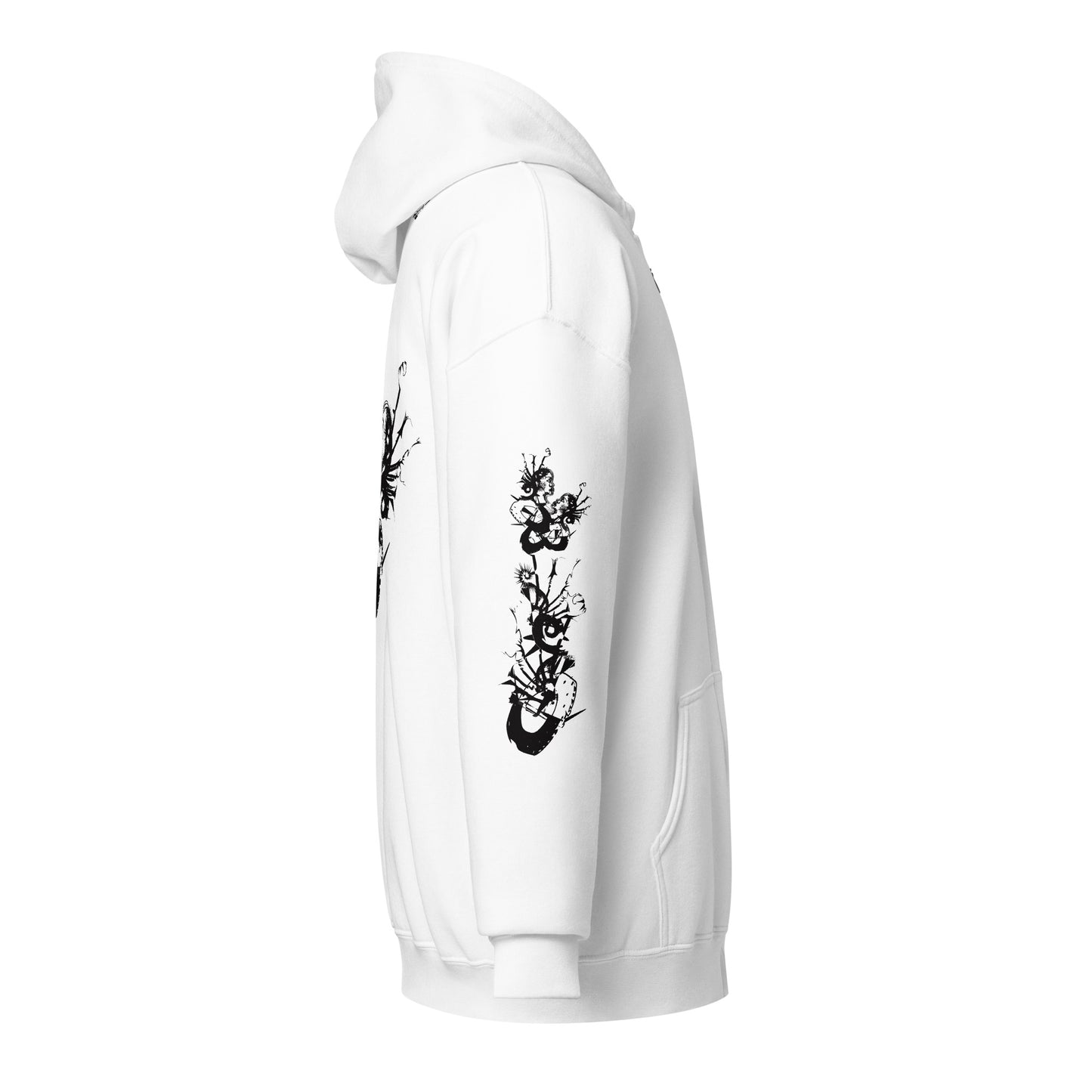 White unisex K.L.O.E. zip hoodie featuring black hand-drawn, culturally inspired artwork on the sleeves—symbolizing transformation and individuality through intricate abstract design, side view showing details on the sleeve.