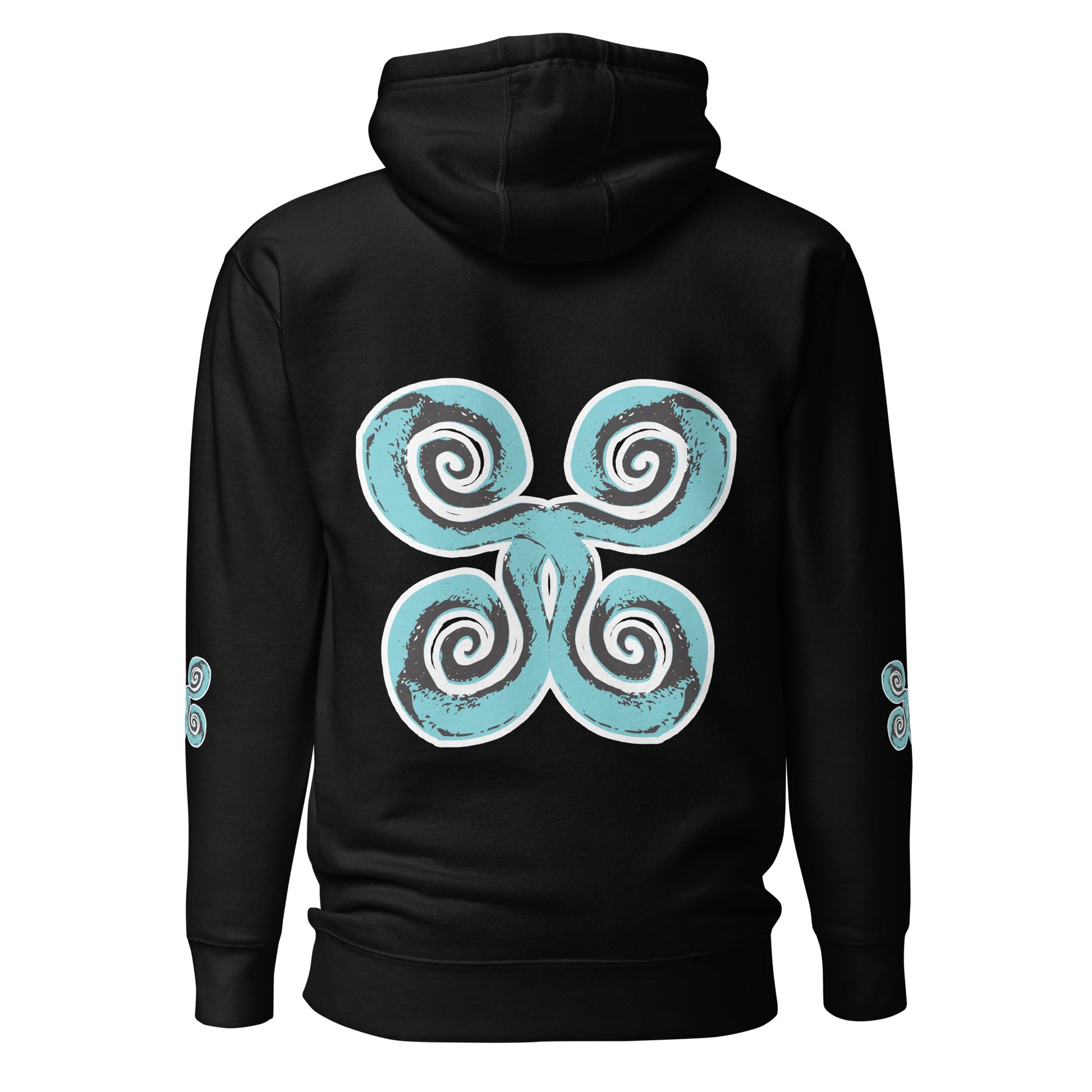 Back view of black K.L.O.E. hoodie showcasing a bold, hand-drawn spiral design in teal and white, symbolizing creativity and individuality, embodying culturally inspired, modern bohemian style and artistic expression with eco-friendly fashion values.