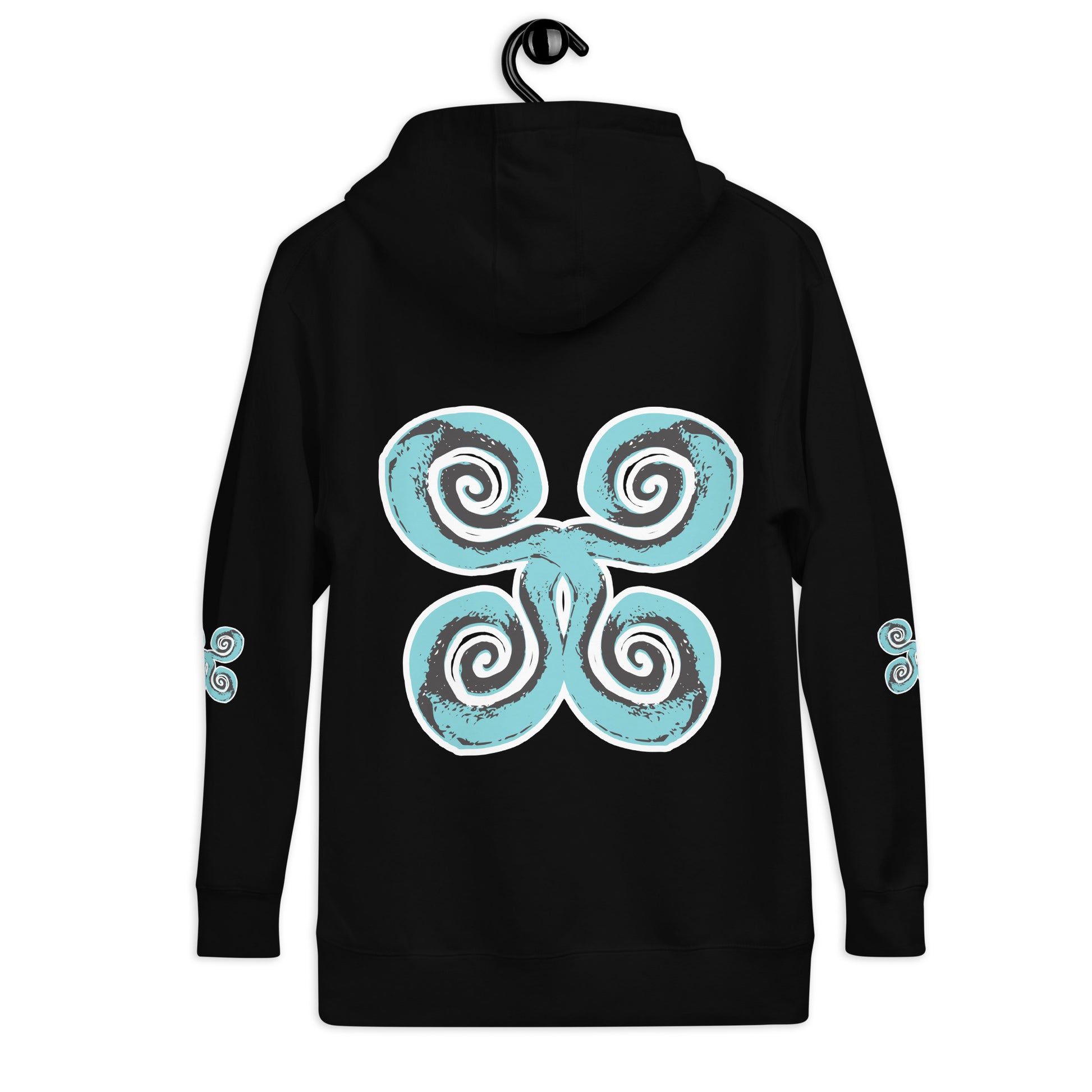Back side view of the black K.L.O.E. hoodie showcasing a bold, hand-drawn spiral design in teal and white, symbolizing creativity and individuality, embodying culturally inspired, modern bohemian style and artistic expression with eco-friendly fashion values.