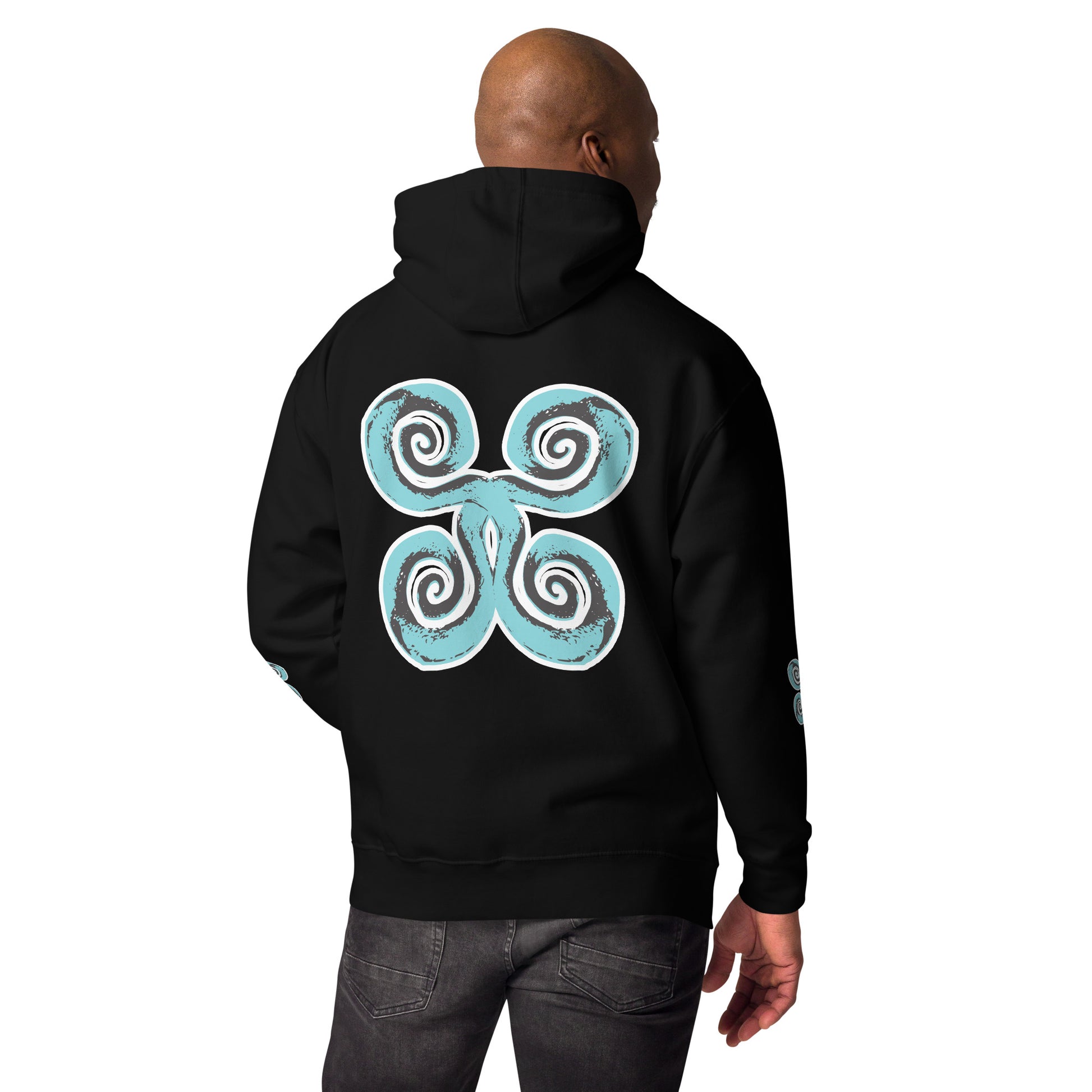 Back side view of the black K.L.O.E. hoodie showcasing a bold, hand-drawn spiral design in teal and white, symbolizing creativity and individuality, embodying culturally inspired, modern bohemian style and artistic expression with eco-friendly fashion values, worn by a male model.
