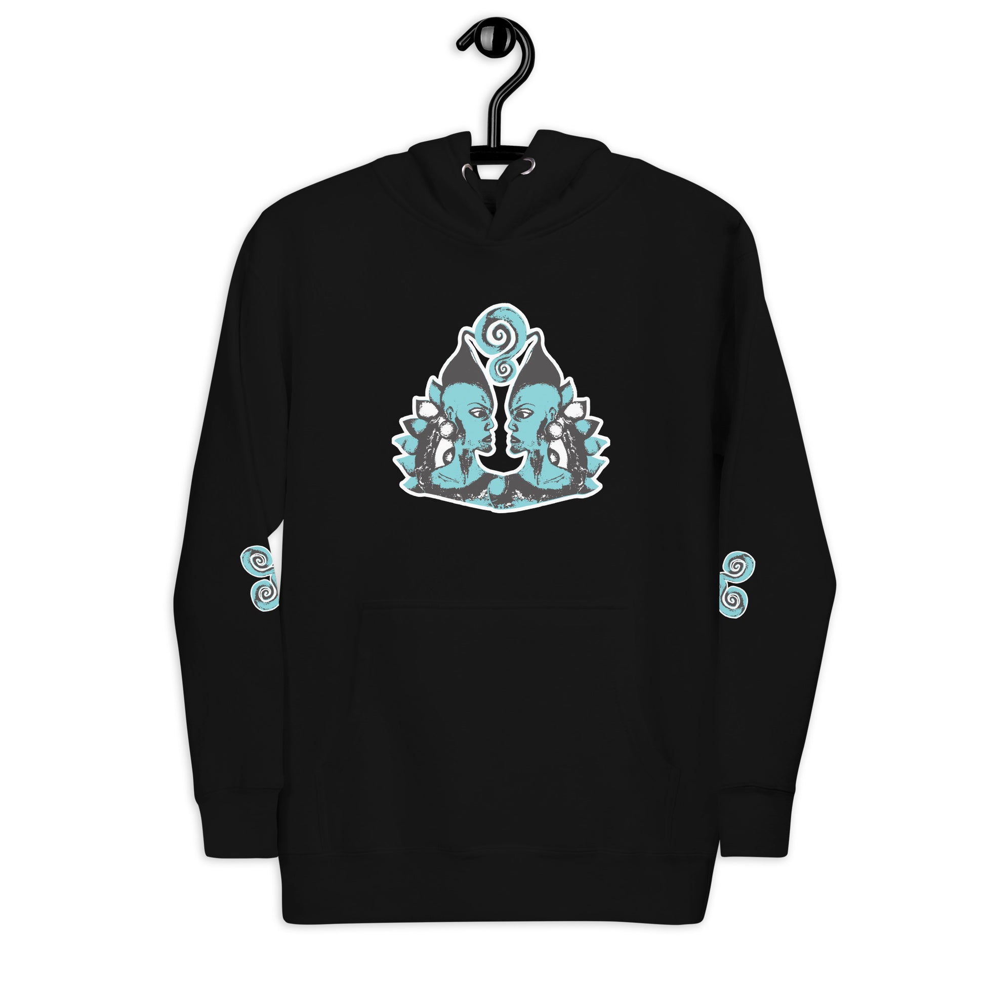 Front of black K.L.O.E. hoodie featuring a hand-drawn design of two mirrored faces in teal and white, highlighting culturally inspired, bohemian style fashion with a focus on individuality, artistic expression, and modern eco-friendly fashion.