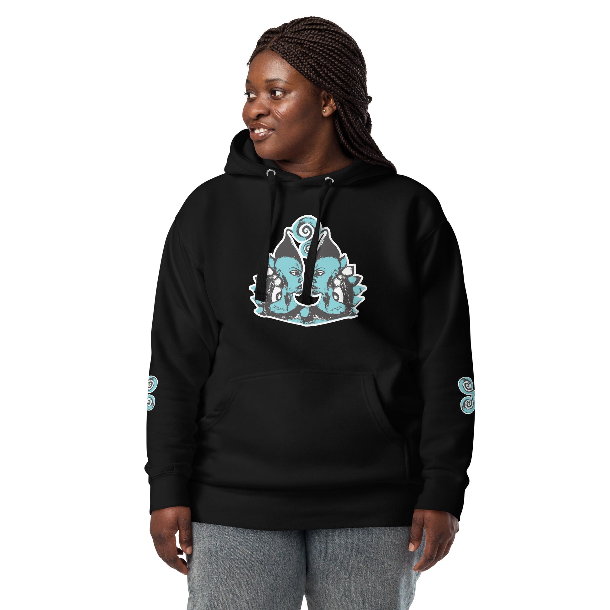 Front of black K.L.O.E. hoodie featuring a hand-drawn design of two mirrored faces in teal and white, highlighting culturally inspired, bohemian style fashion with a focus on individuality, artistic expression, and modern eco-friendly fashion, worn by a model.