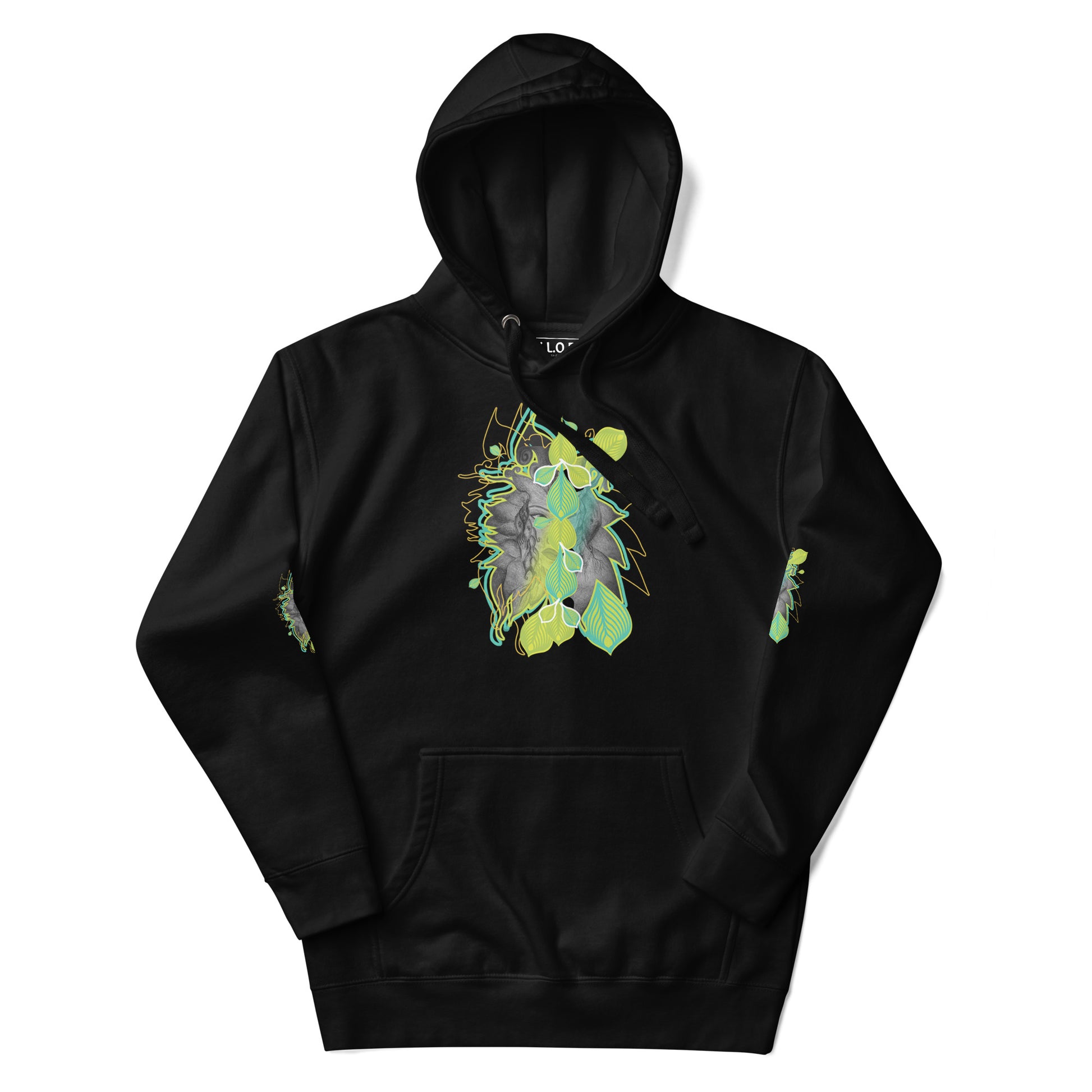 Front view of black K.L.O.E. hoodie with vibrant green and yellow leaf patterns framing a detailed hand-drawn face design. A modern bohemian style statement that celebrates individuality, artistic expression, and culturally inspired fashion.