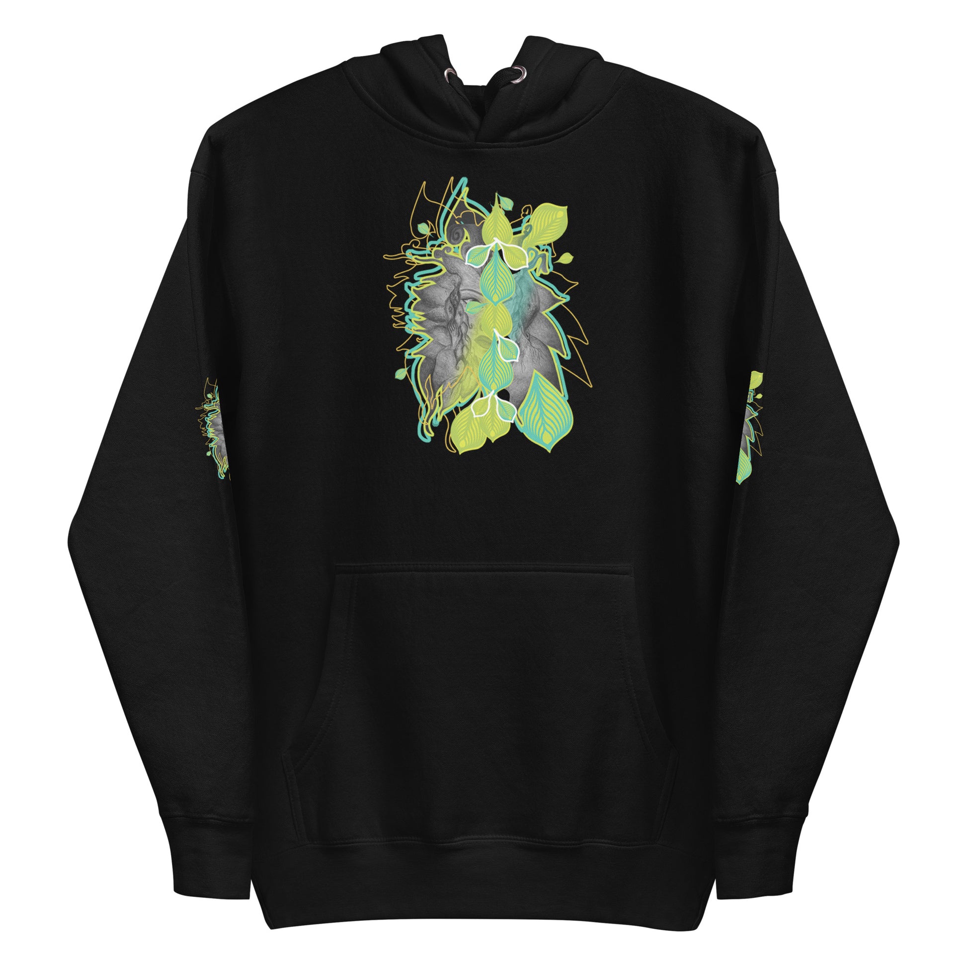 Front view of black K.L.O.E. hoodie with vibrant green and yellow leaf patterns framing a detailed hand-drawn face design. A modern bohemian style statement that celebrates individuality, artistic expression, and culturally inspired fashion.