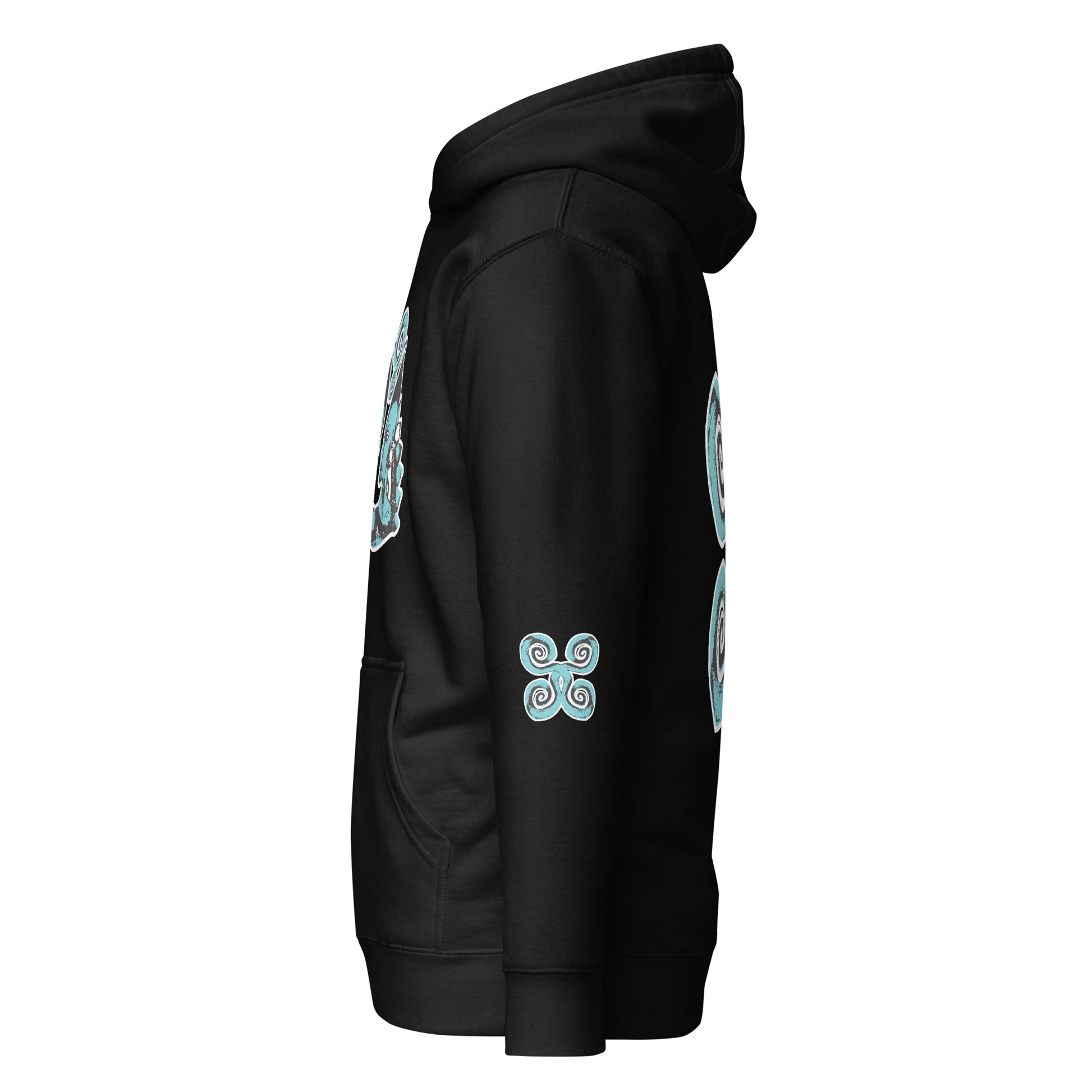 Side view of the sleeve of the black K.L.O.E. hoodie showcasing a bold, hand-drawn spiral design in teal and white, symbolizing creativity and individuality, embodying culturally inspired, modern bohemian style and artistic expression with eco-friendly fashion values.