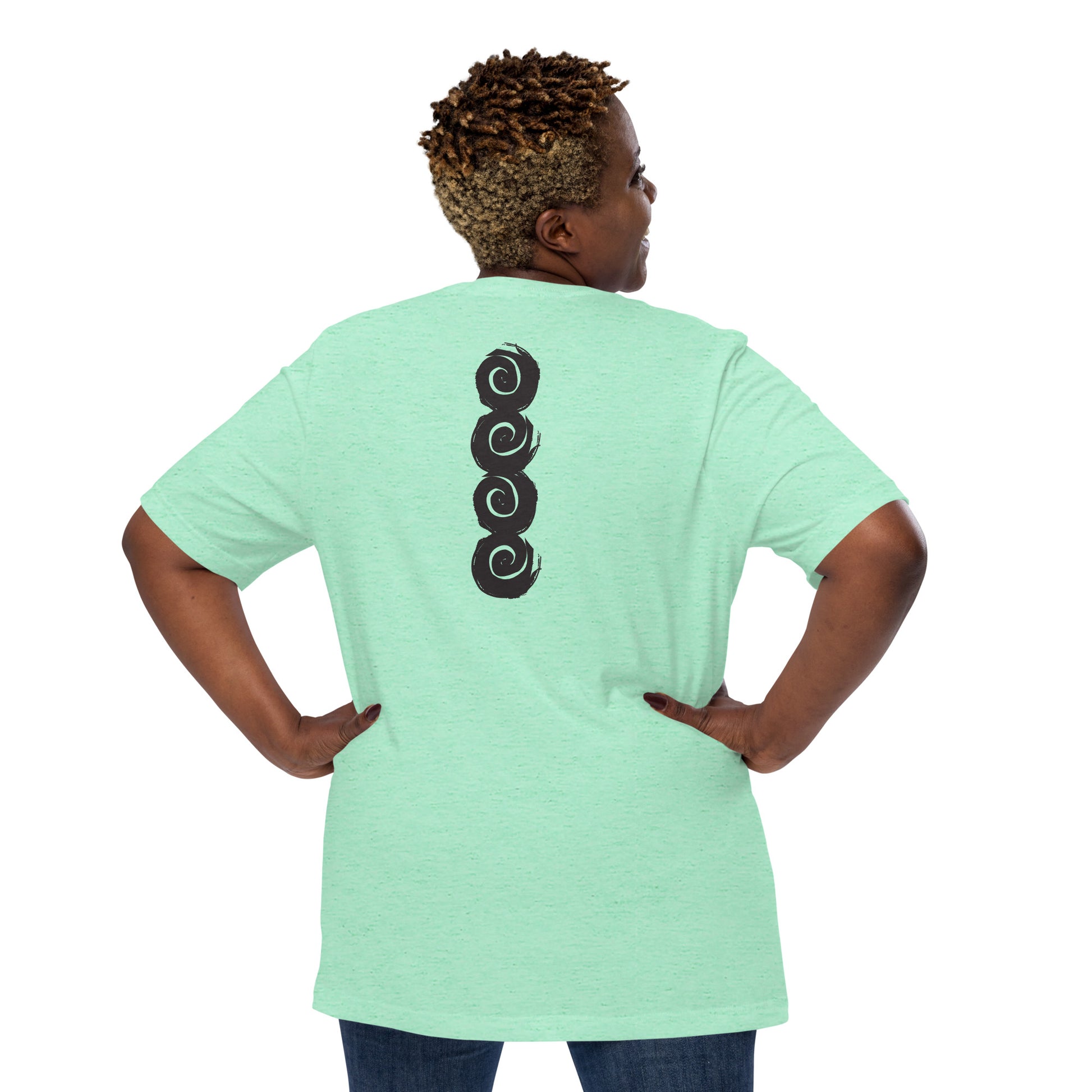 Back of a mint t-shirt featuring a vertical row of four bold, black spiral symbols, hand-drawn in an expressive, brushstroke style. This culturally inspired design from K.L.O.E. highlights artisan craftsmanship and modern boho style, perfect for those who seek unique, eco-friendly fashion and artistic self-expression, worn by a plus size model.