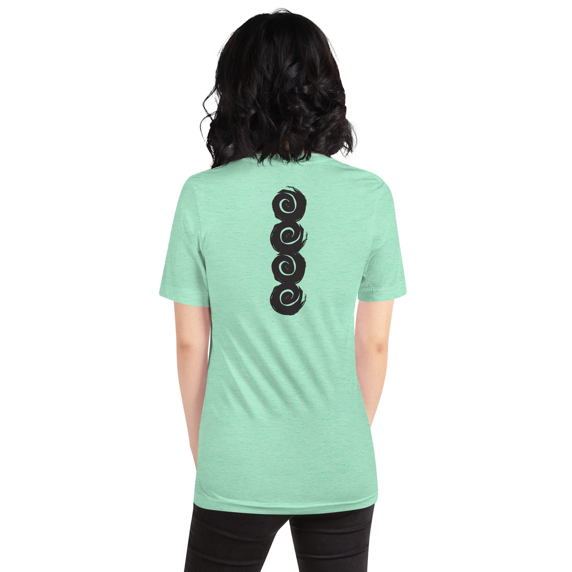 Back of a mint t-shirt featuring a vertical row of four bold, black spiral symbols, hand-drawn in an expressive, brushstroke style. This culturally inspired design from K.L.O.E. highlights artisan craftsmanship and modern boho style, perfect for those who seek unique, eco-friendly fashion and artistic self-expression, worn by a model.
