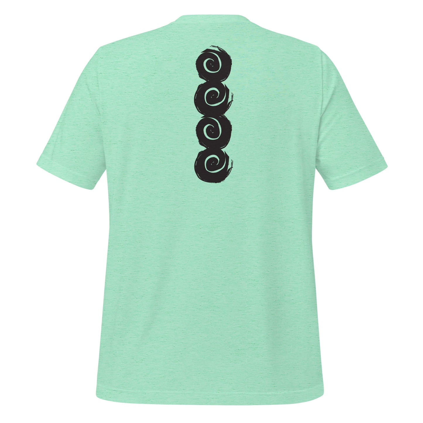 Back of a mint t-shirt featuring a vertical row of four bold, black spiral symbols, hand-drawn in an expressive, brushstroke style. This culturally inspired design from K.L.O.E. highlights artisan craftsmanship and modern boho style, perfect for those who seek unique, eco-friendly fashion and artistic self-expression.