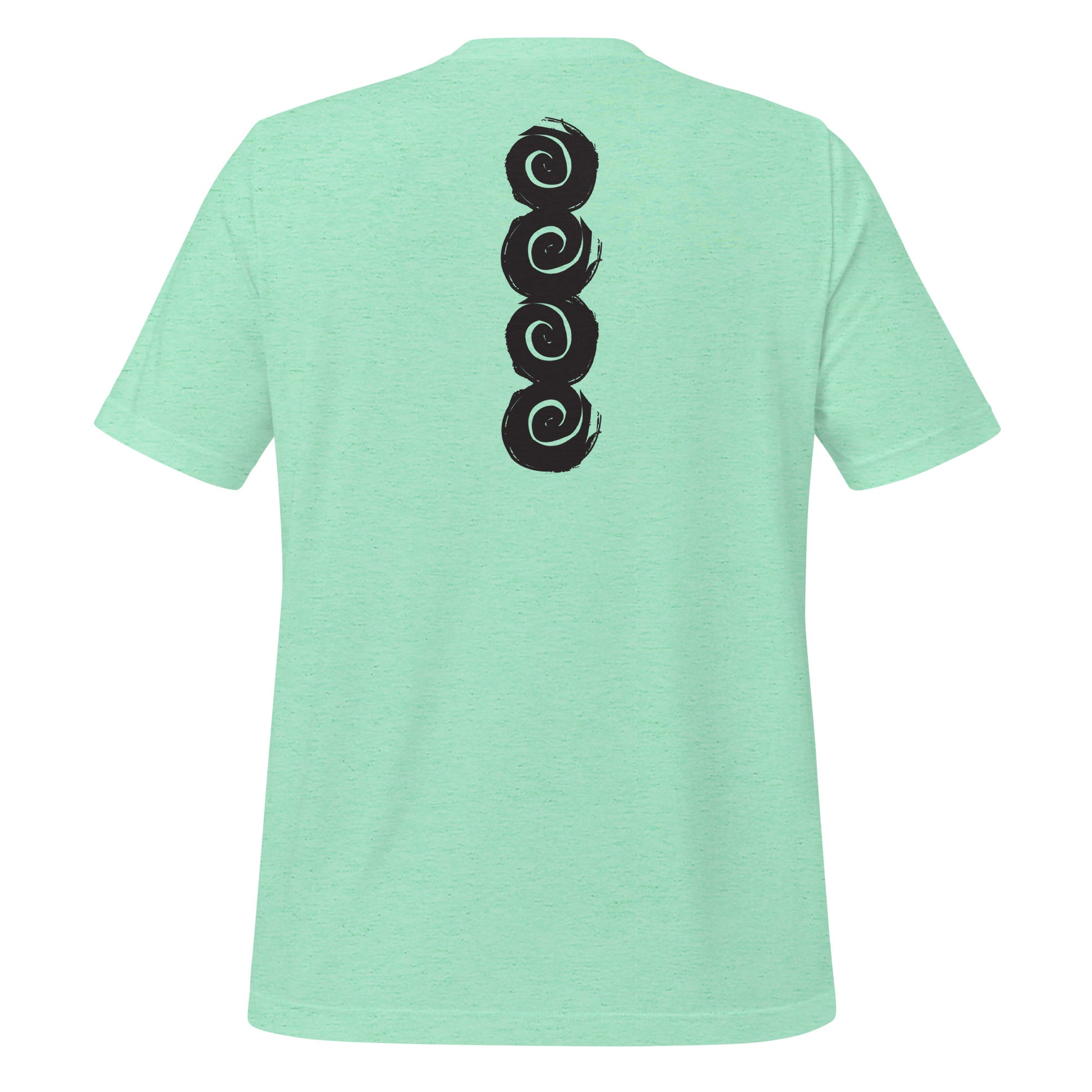Back of a mint t-shirt featuring a vertical row of four bold, black spiral symbols, hand-drawn in an expressive, brushstroke style. This culturally inspired design from K.L.O.E. highlights artisan craftsmanship and modern boho style, perfect for those who seek unique, eco-friendly fashion and artistic self-expression.
