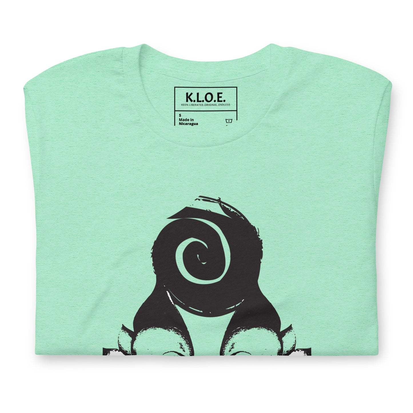 Mint t-shirt featuring wearable illustrations with an art-inspired black design of mirrored female faces and a bold central spiral symbol, celebrating expressive fashion and individuality – unique clothing by K.L.O.E., detail view showing the inside label.