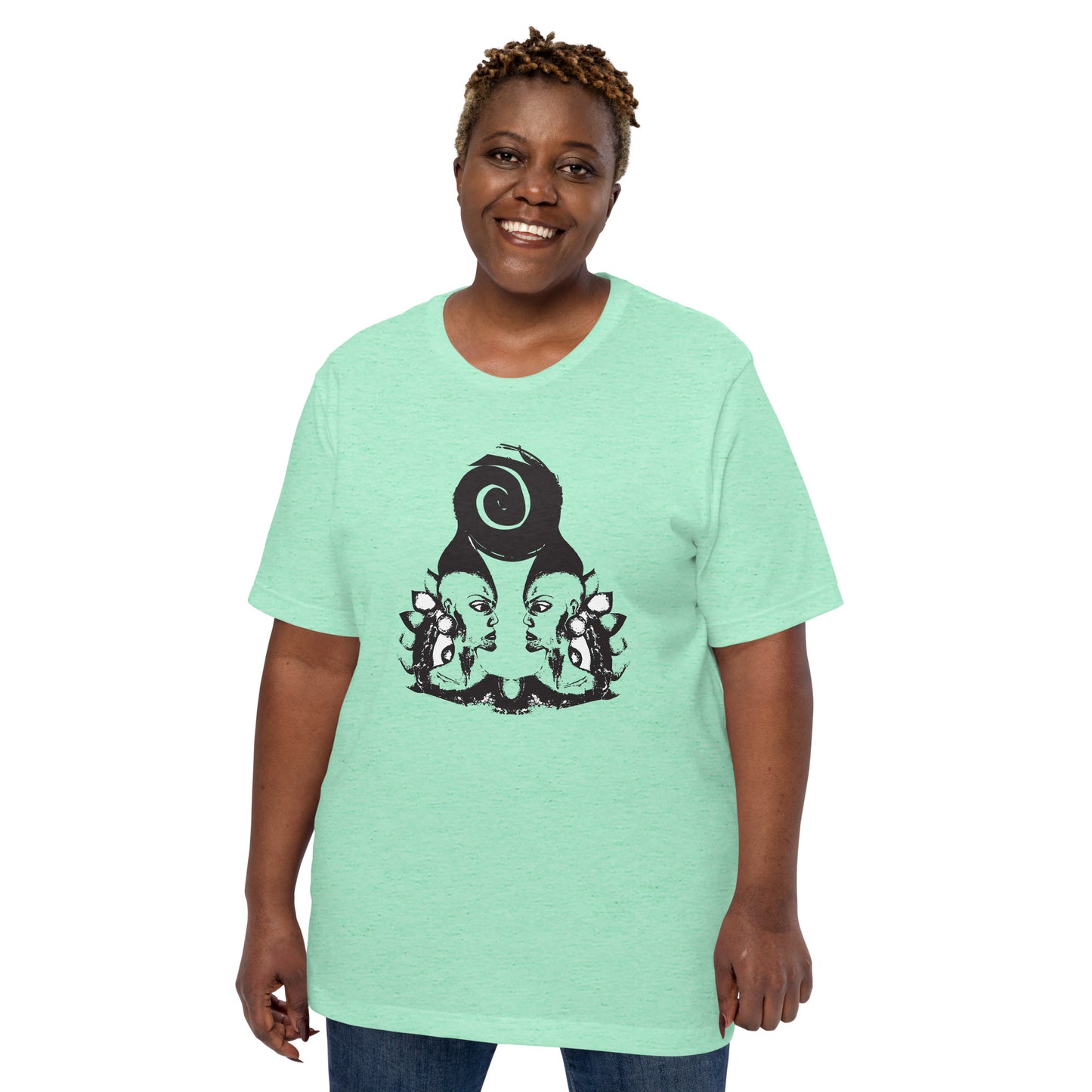 A model wearing mint t-shirt featuring wearable illustrations with an art-inspired black design of mirrored female faces and a bold central spiral symbol, celebrating expressive fashion and individuality – unique clothing by K.L.O.E.