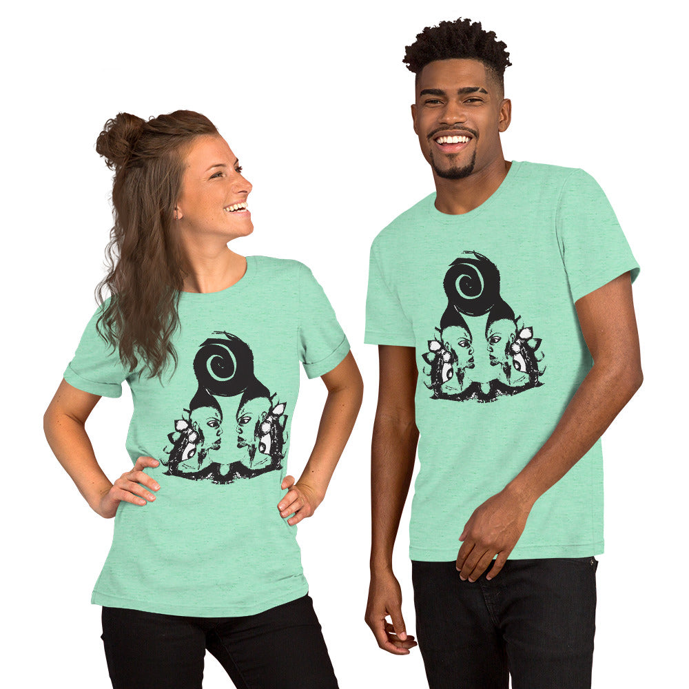 A couple wearing mint t-shirt featuring wearable illustrations with an art-inspired black design of mirrored female faces and a bold central spiral symbol, celebrating expressive fashion and individuality – unique clothing by K.L.O.E.