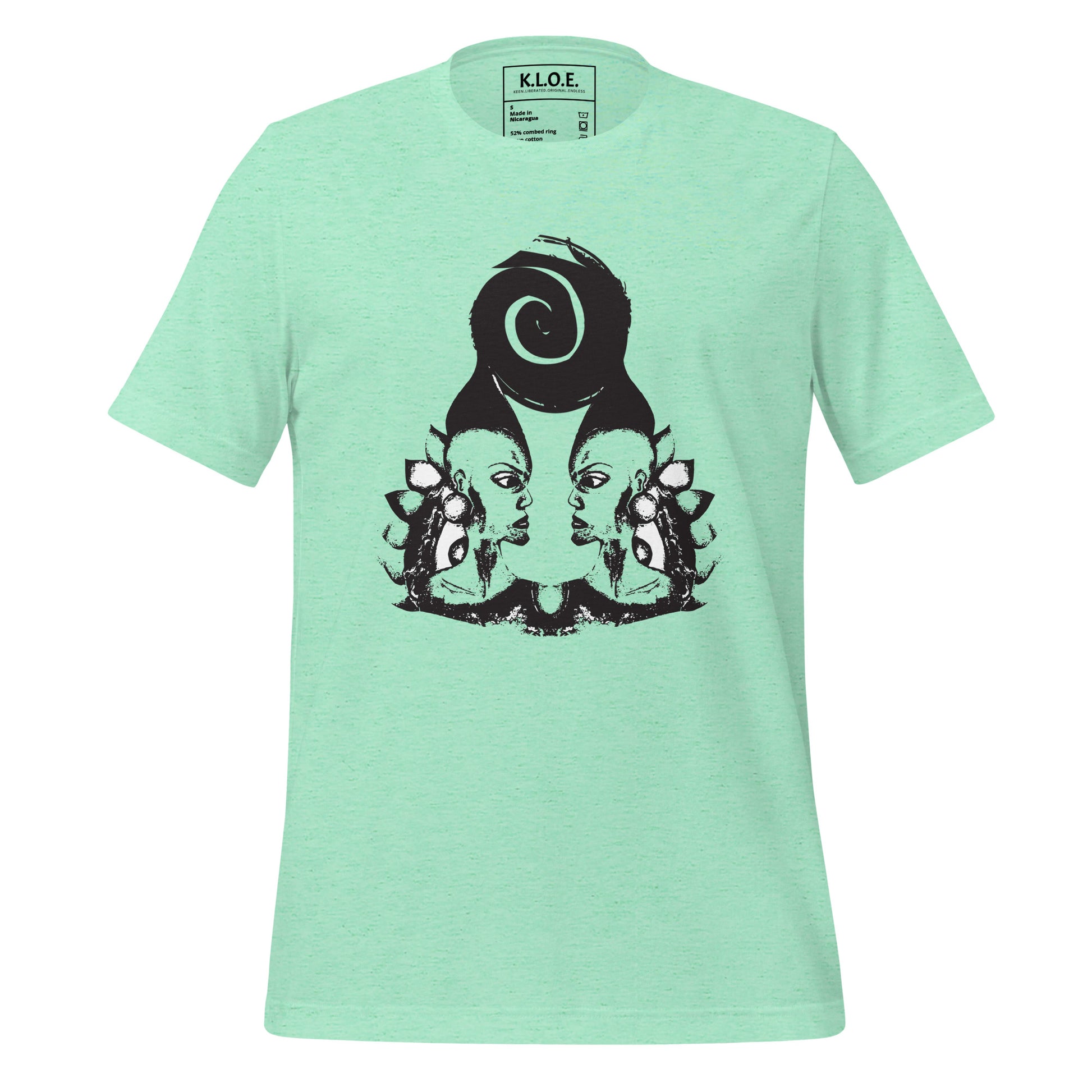 Mint t-shirt featuring wearable illustrations with an art-inspired black design of mirrored female faces and a bold central spiral symbol, celebrating expressive fashion and individuality – unique clothing by K.L.O.E.
